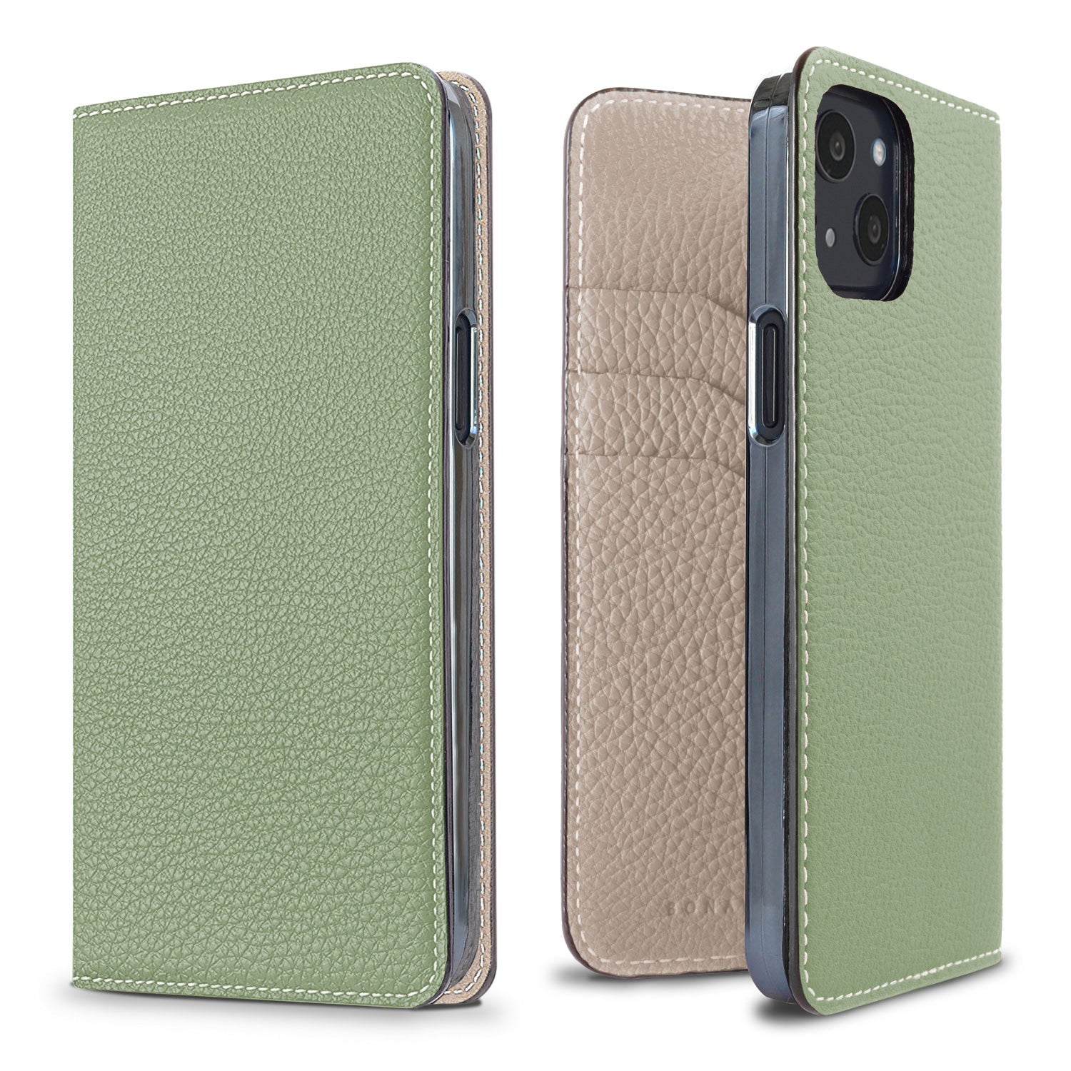 iPhone 13 Diary Case Shrink Leather (Atmos Green × Greige)