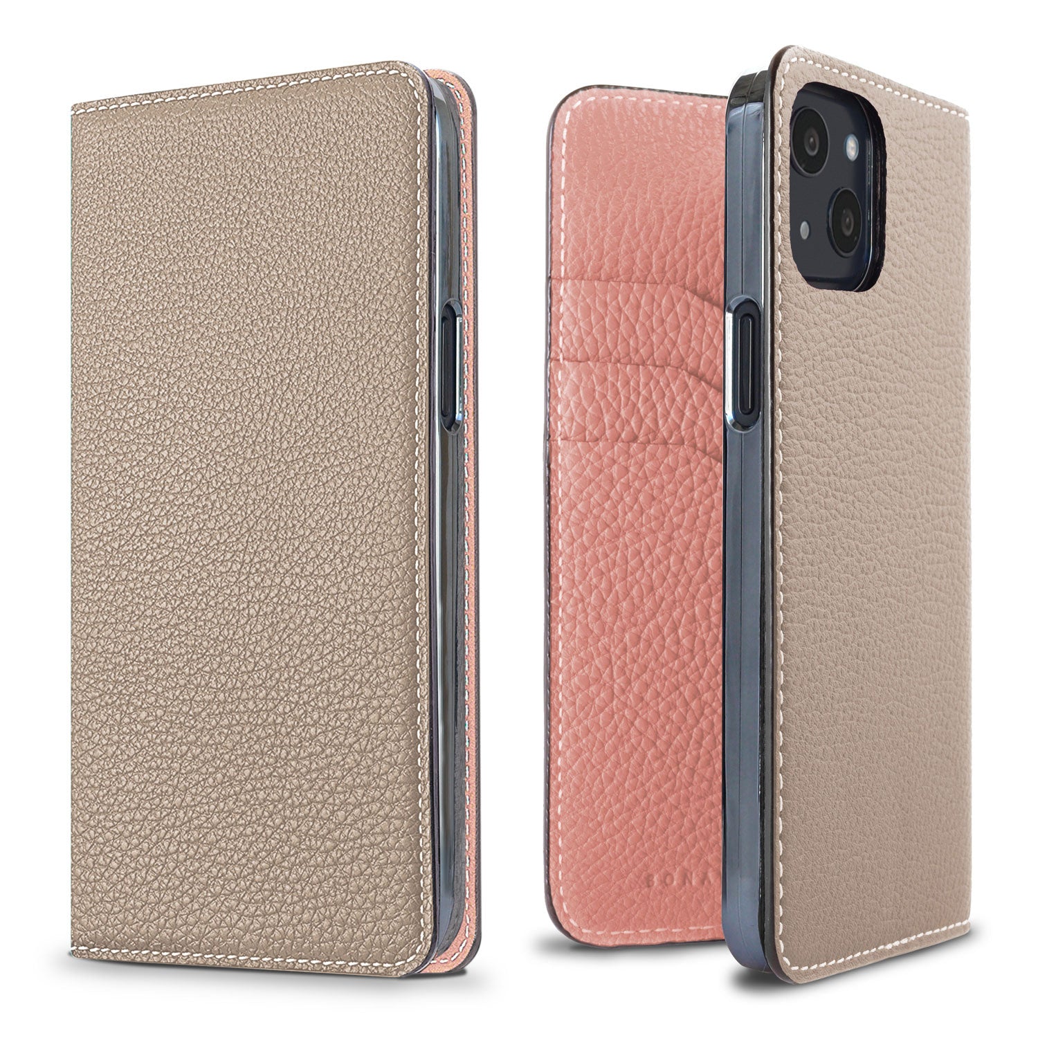 iPhone 13 Diary Case Shrink Leather (Greige × Coral Pink)
