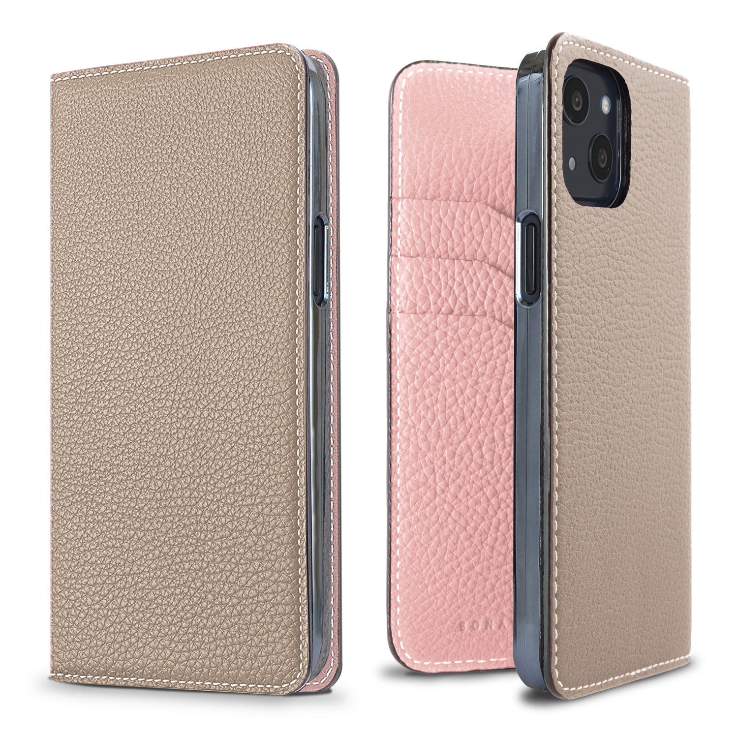iPhone 13 Diary Case Shrink Leather (Greige × Sakura Pink)