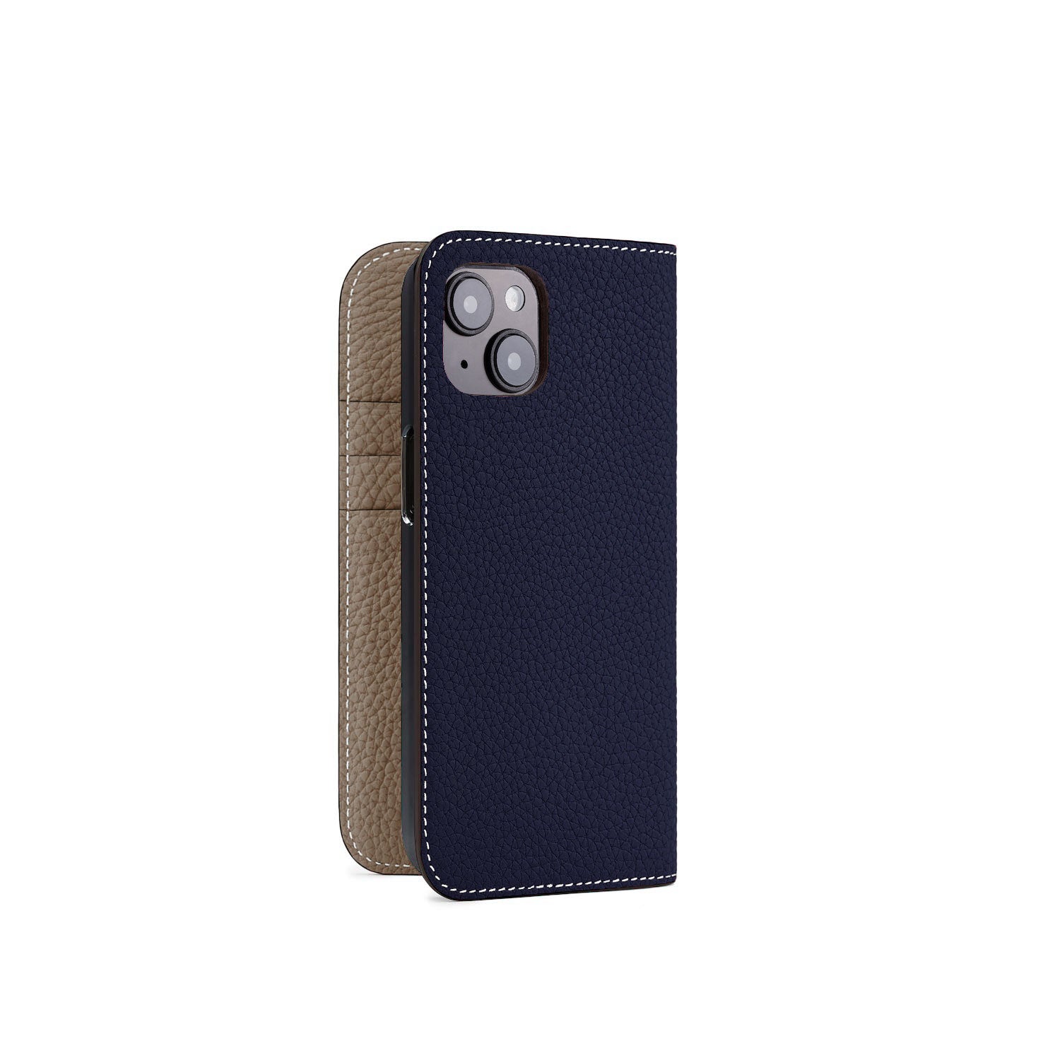 iPhone 13 Diary Case Shrink Leather (Navy × Etoupe)