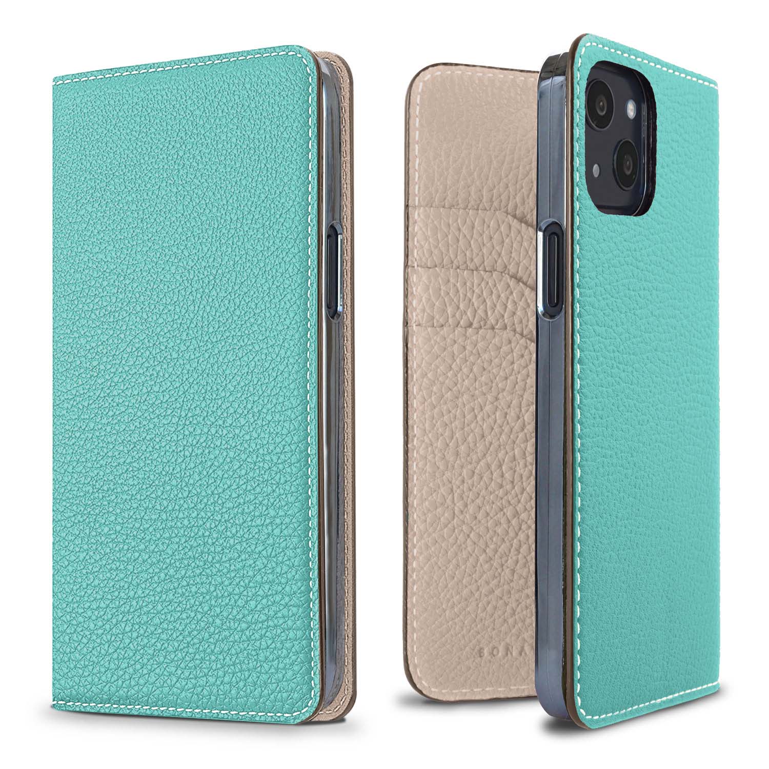 iPhone 13 Diary Case Shrink Leather (Atoll Blue × Greige (Etoupe edge paint))