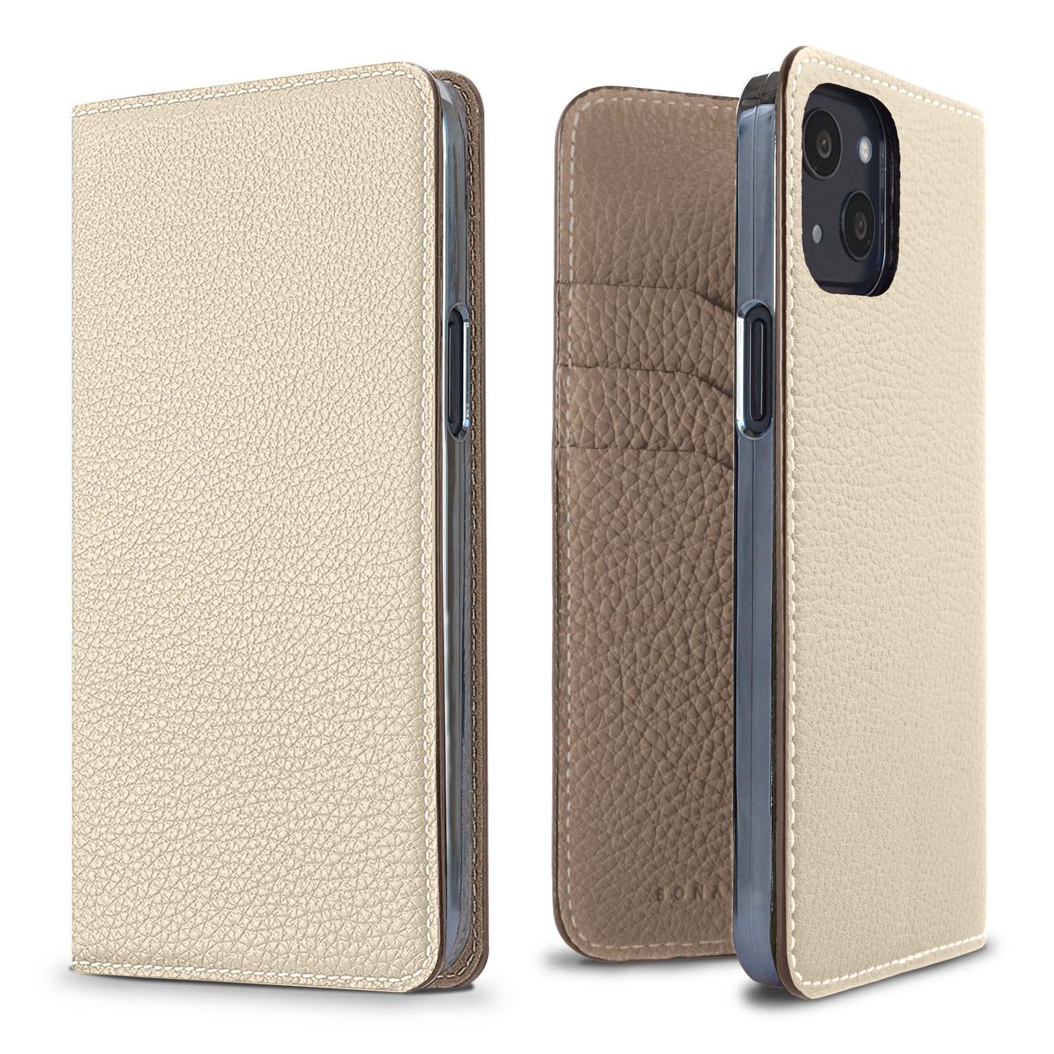 iPhone 13 Diary Case Shrink Leather (Ivory × Etoupe (Etoupe edge paint))