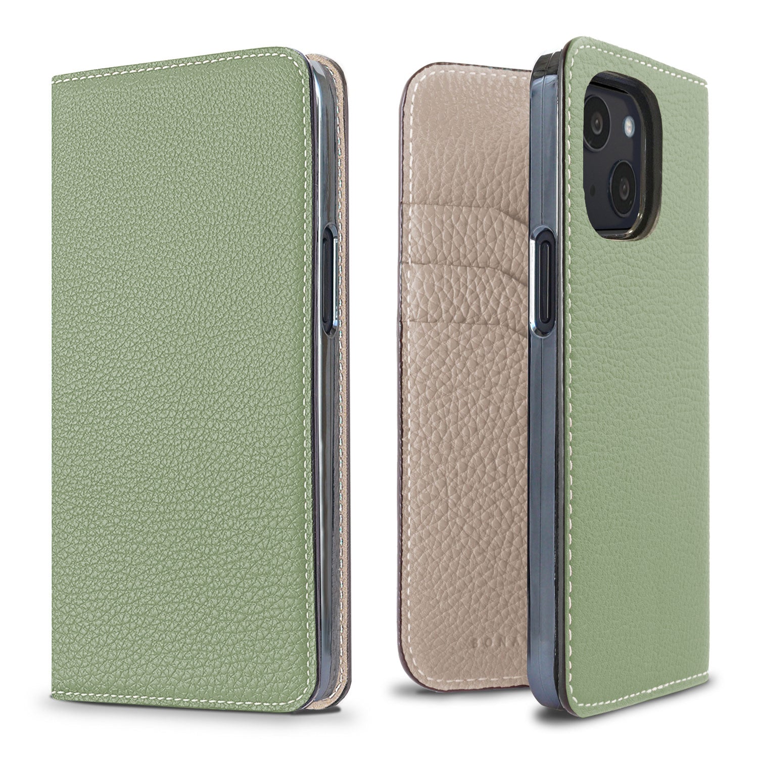 iPhone 13 mini Diary Case Shrink Leather (Atmos Green × Greige)