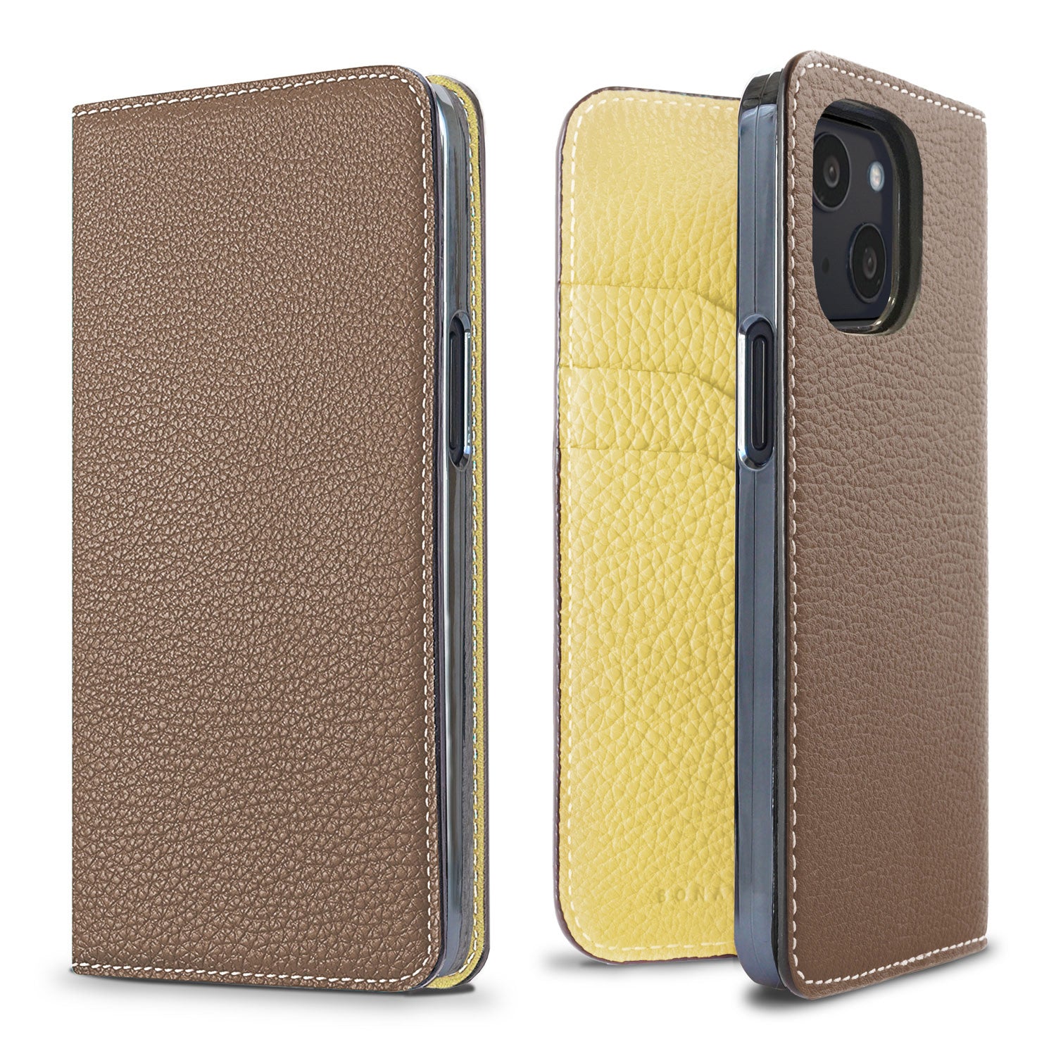 iPhone 13 mini Diary Case Shrink Leather (Etoupe × Yellow)