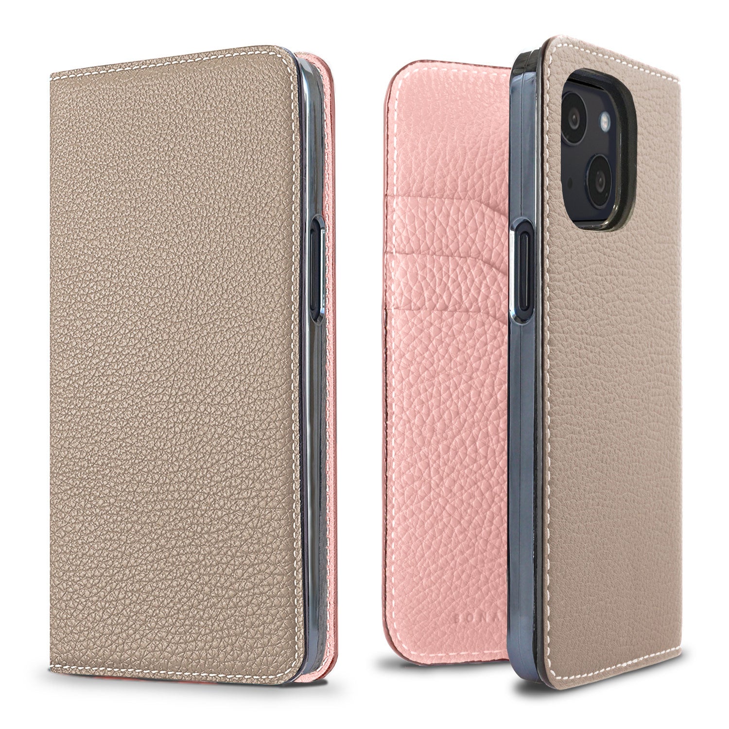 iPhone 13 mini Diary Case Shrink Leather (Greige × Sakura Pink)