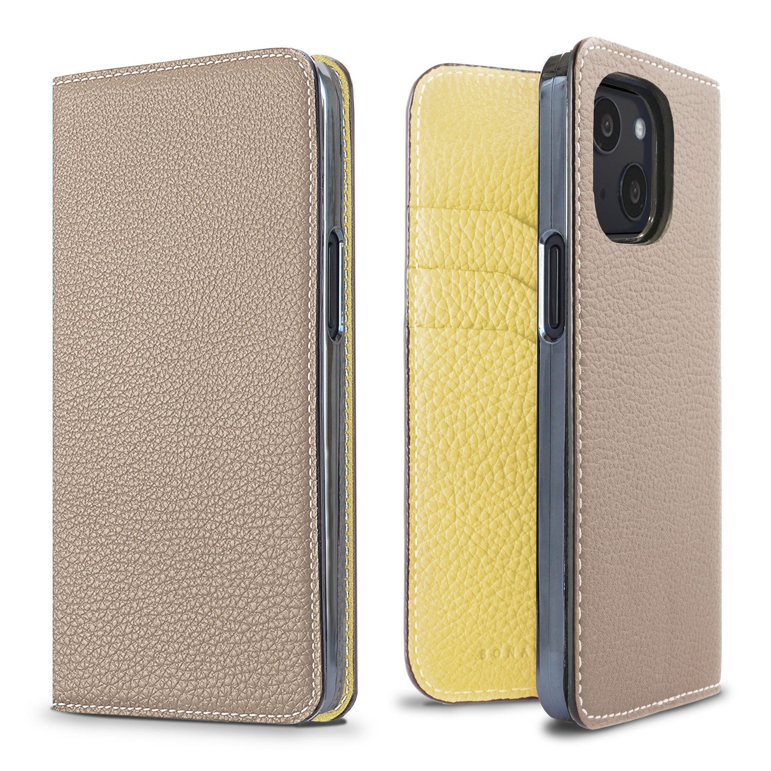 iPhone 13 mini Diary Case Shrink Leather (Greige × Yellow)