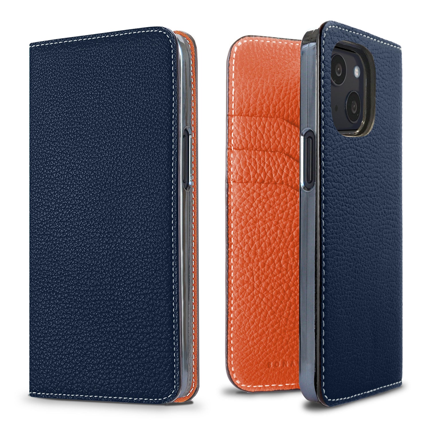 iPhone 13 mini Diary Case Shrink Leather (Navy × Orange)