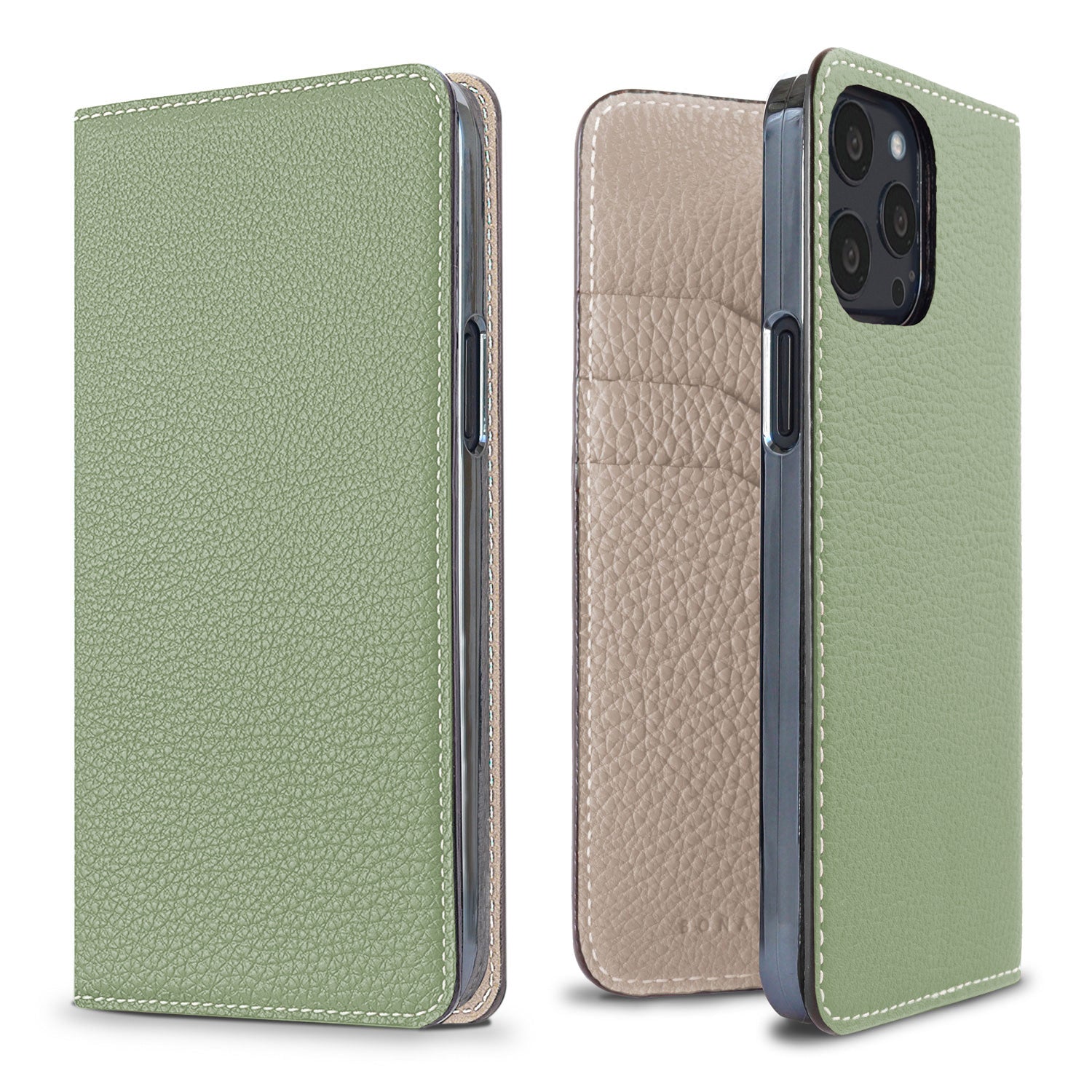 iPhone 13 Pro Diary Case Shrink Leather (Atmos Green × Greige)