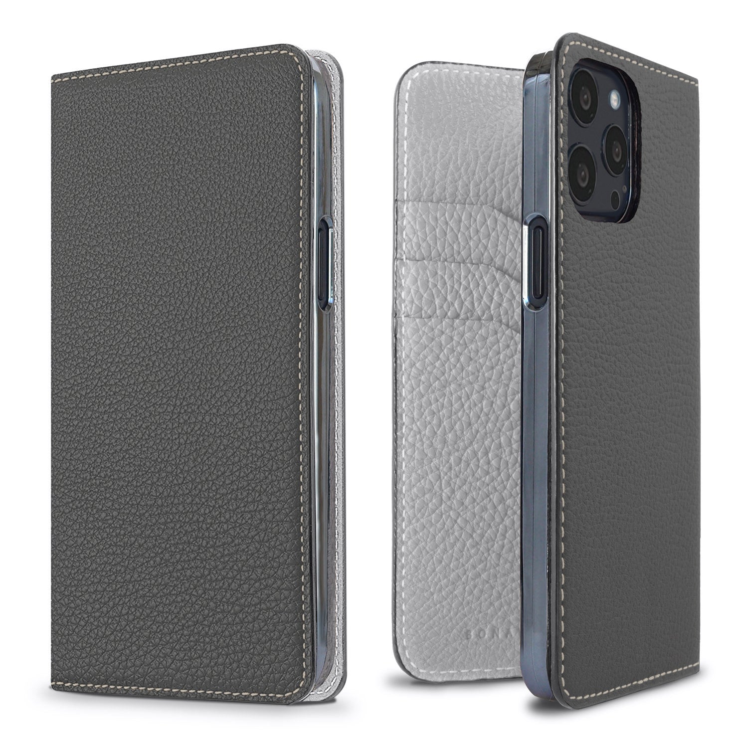 iPhone 13 Pro Diary Case Shrink Leather (Charcoal Gray × True Gray)