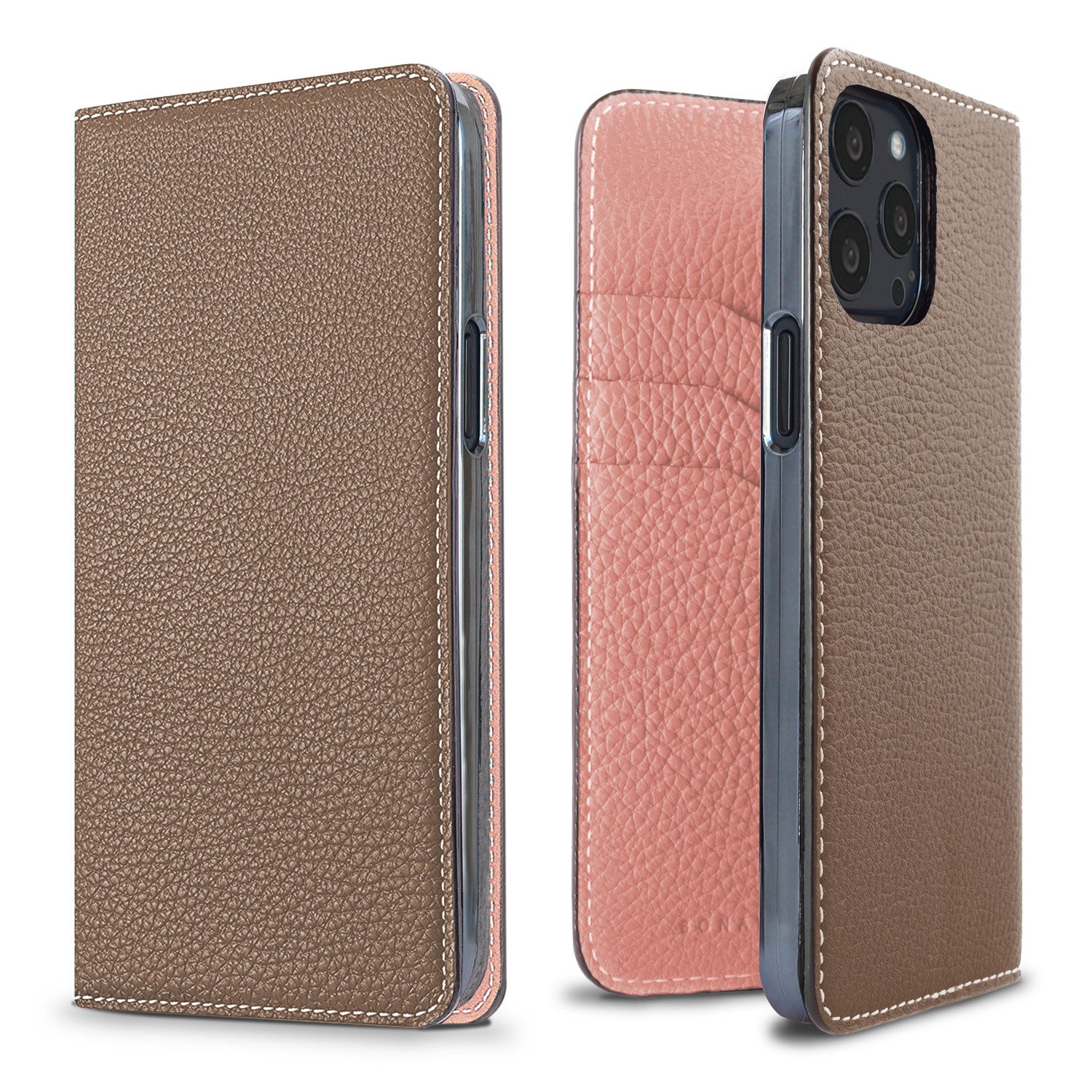 iPhone 13 Pro Diary Case Shrink Leather (Etoupe × Coral Pink)