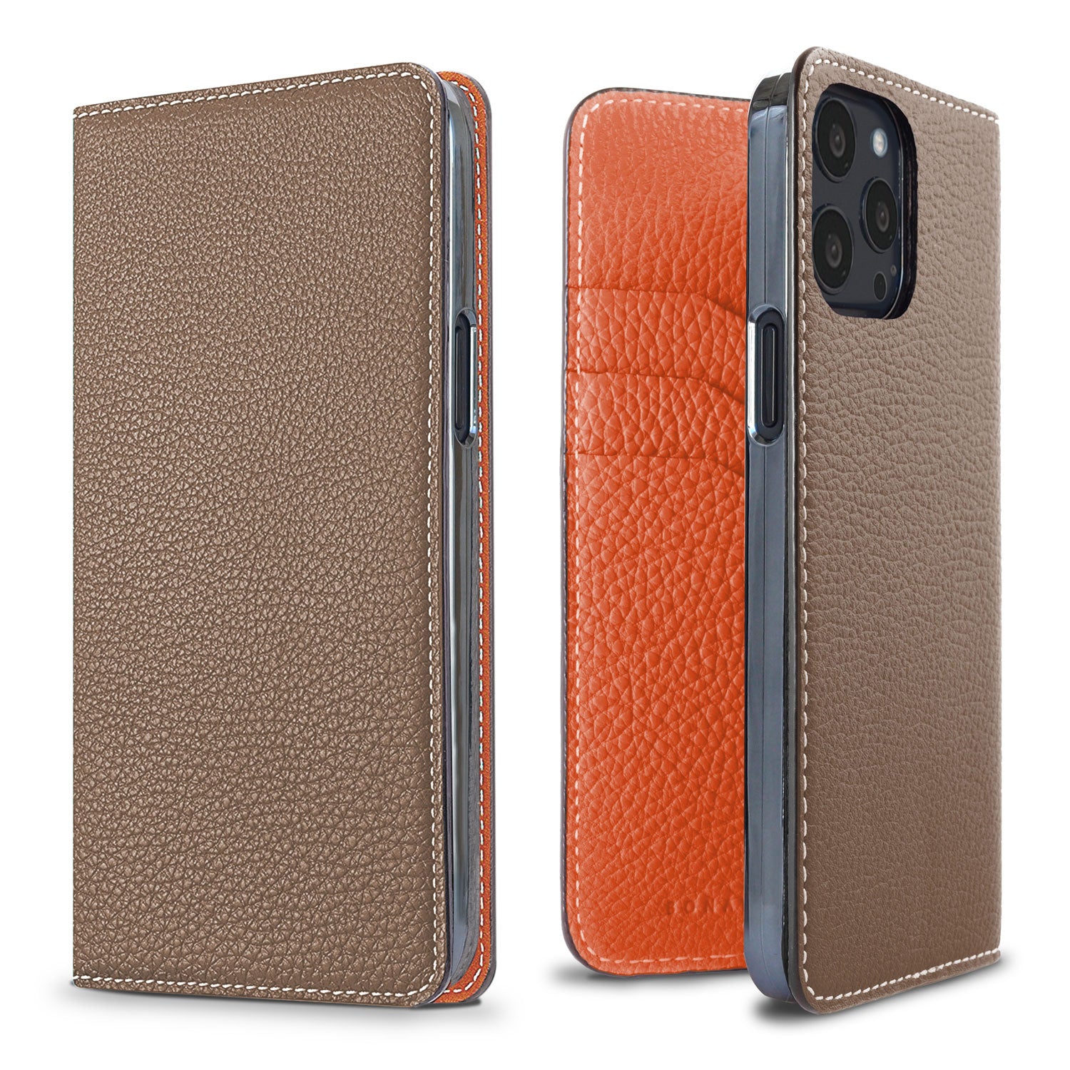 iPhone 13 Pro Diary Case Shrink Leather (Etoupe × Orange)