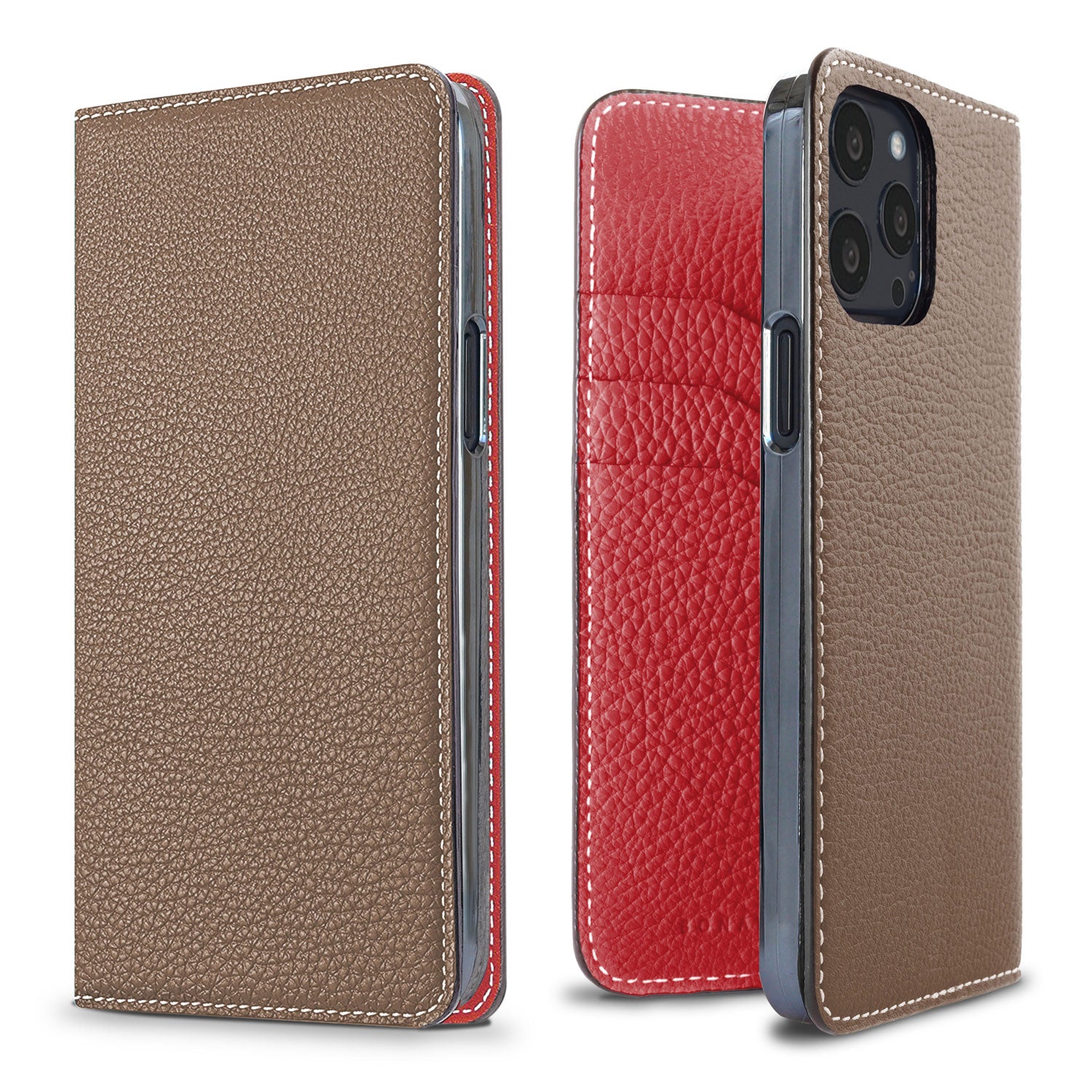 iPhone 13 Pro Diary Case Shrink Leather (Etoupe × Red)