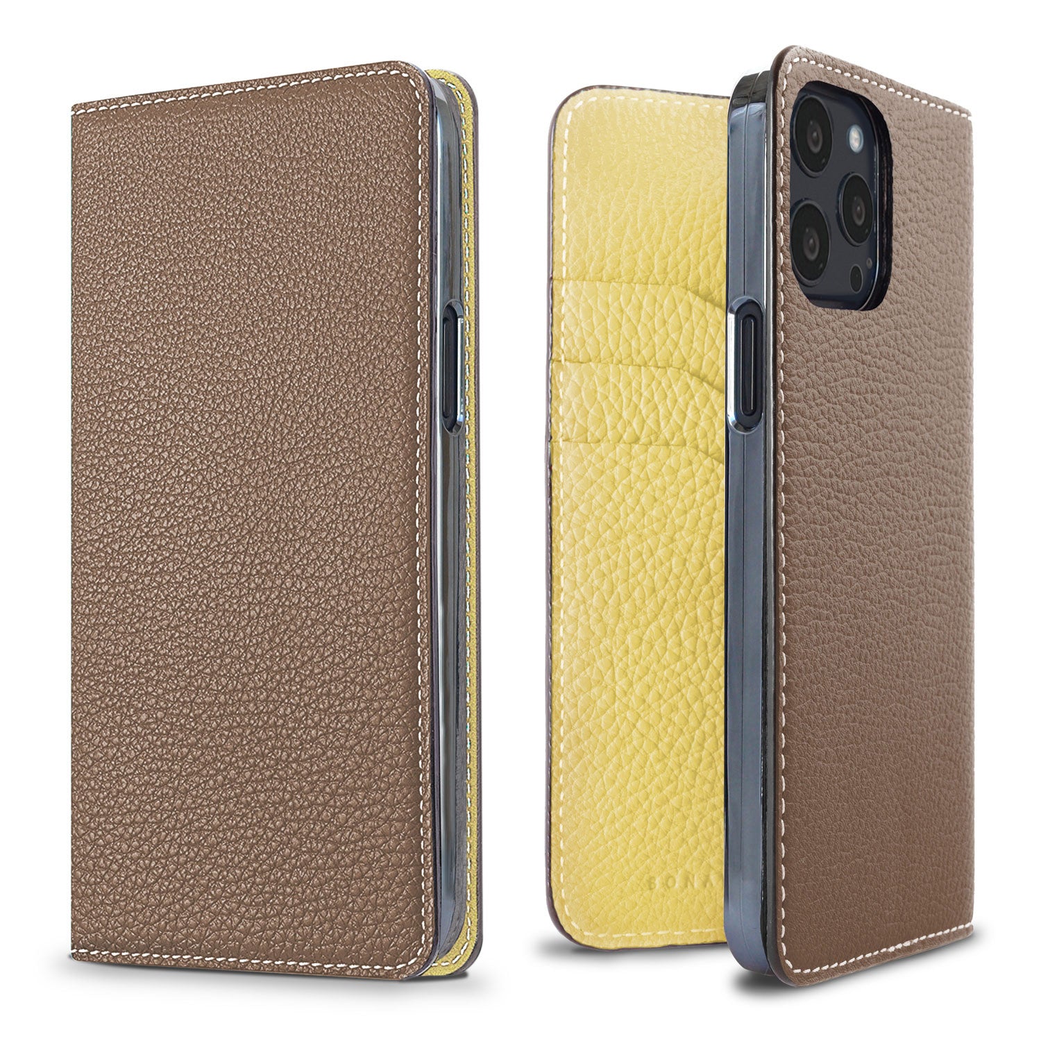 iPhone 13 Pro Diary Case Shrink Leather (Etoupe × Yellow)