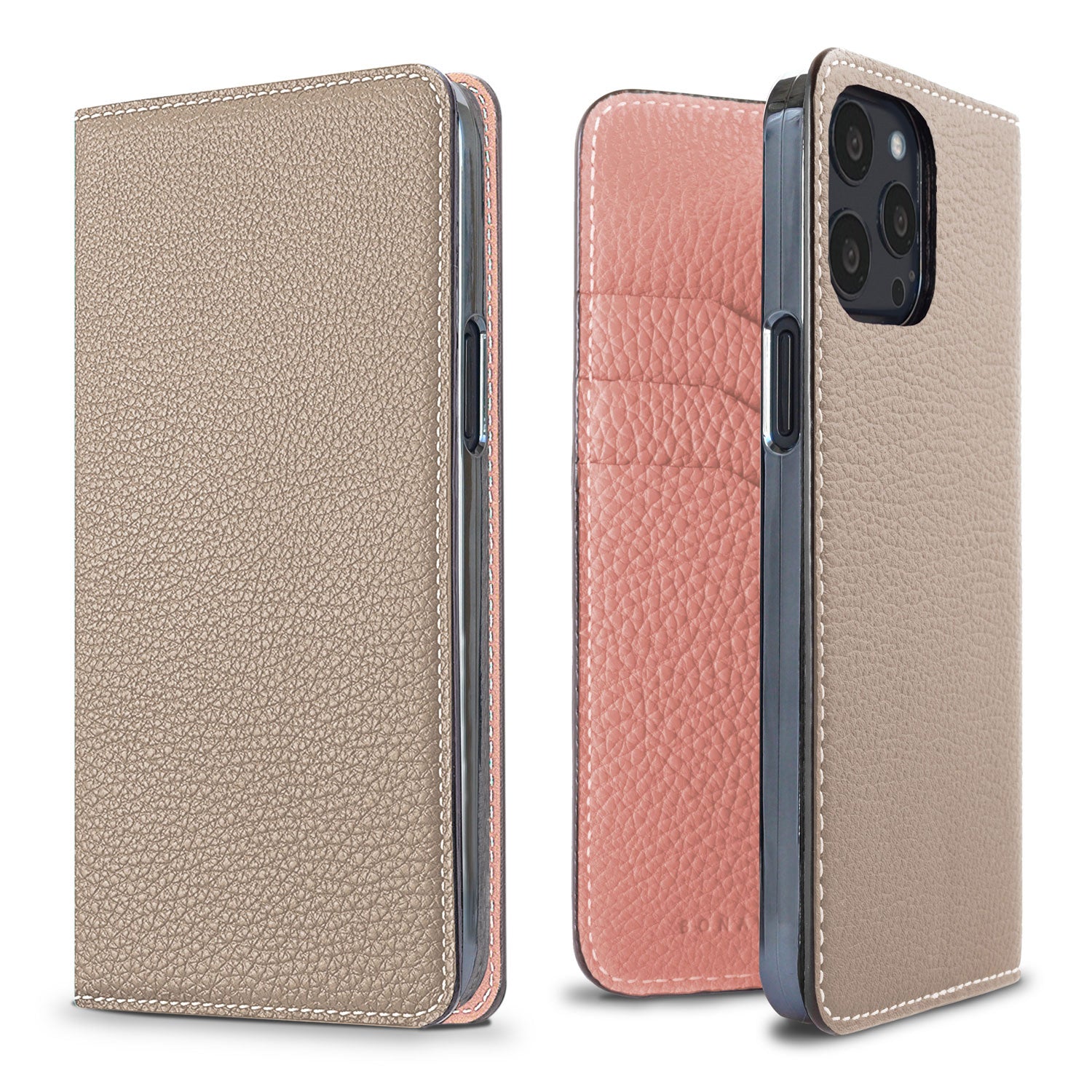 iPhone 13 Pro Diary Case Shrink Leather (Greige × Coral Pink)