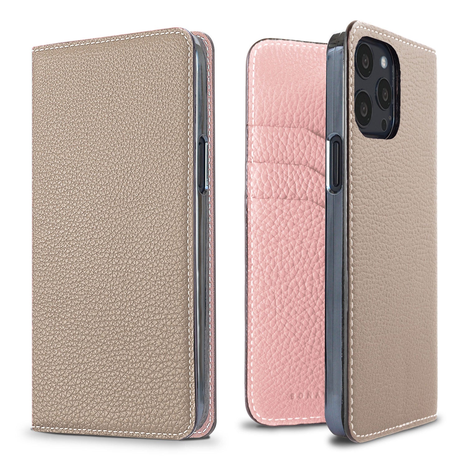 iPhone 13 Pro Diary Case Shrink Leather (Greige × Sakura Pink)