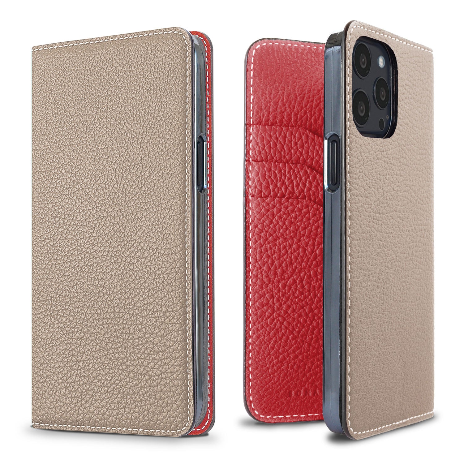iPhone 13 Pro Diary Case Shrink Leather (Greige × Red)
