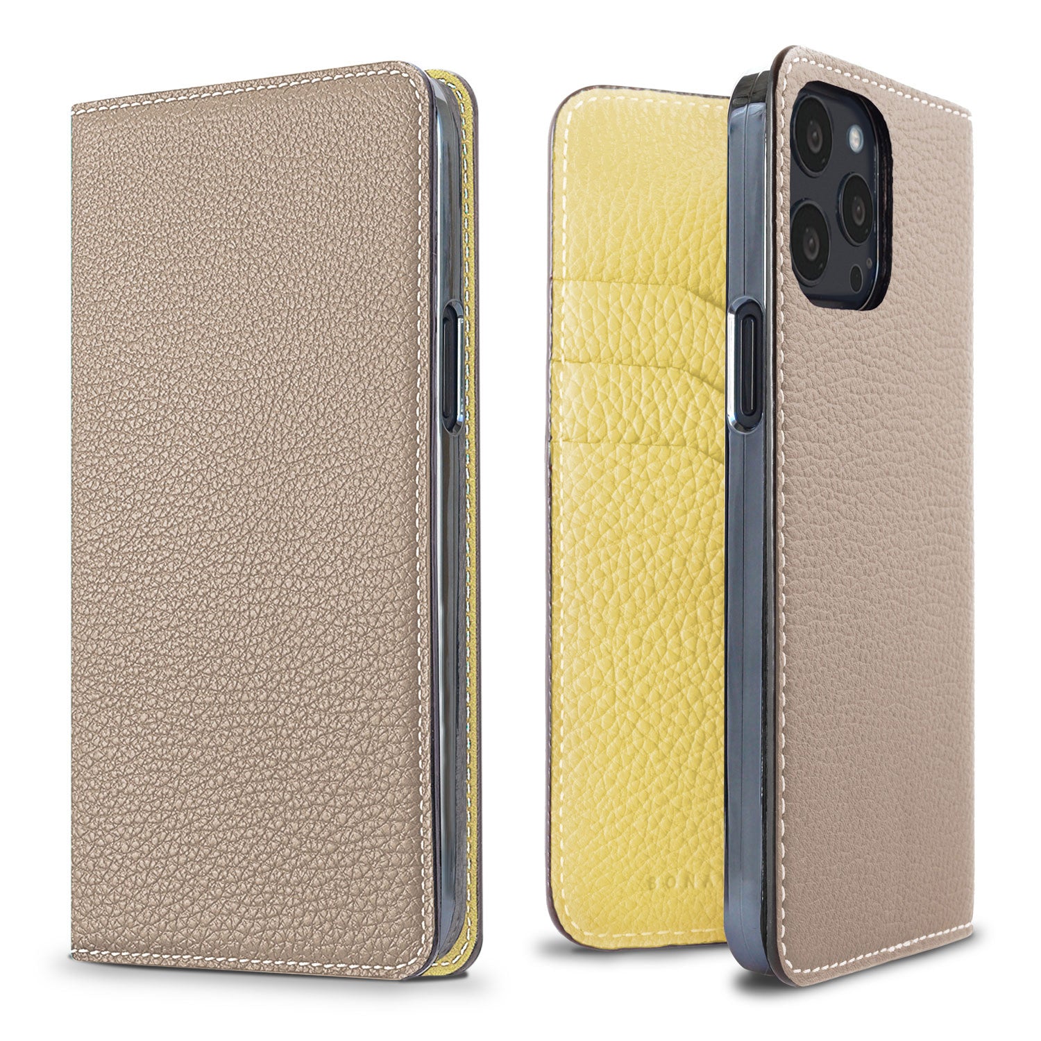 iPhone 13 Pro Diary Case Shrink Leather (Greige × Yellow)