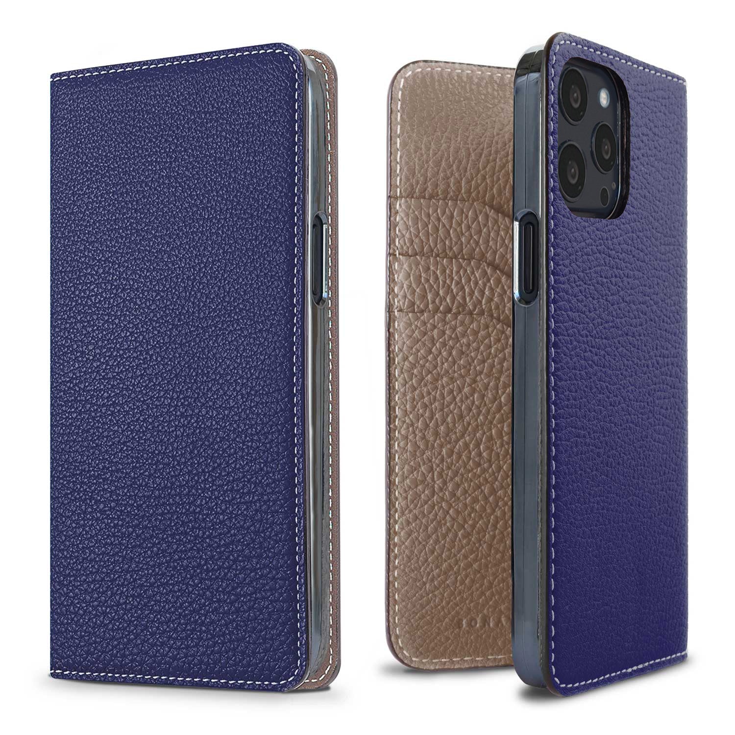 iPhone 13 Pro Diary Case Shrink Leather (Indigo Blue × Etoupe)
