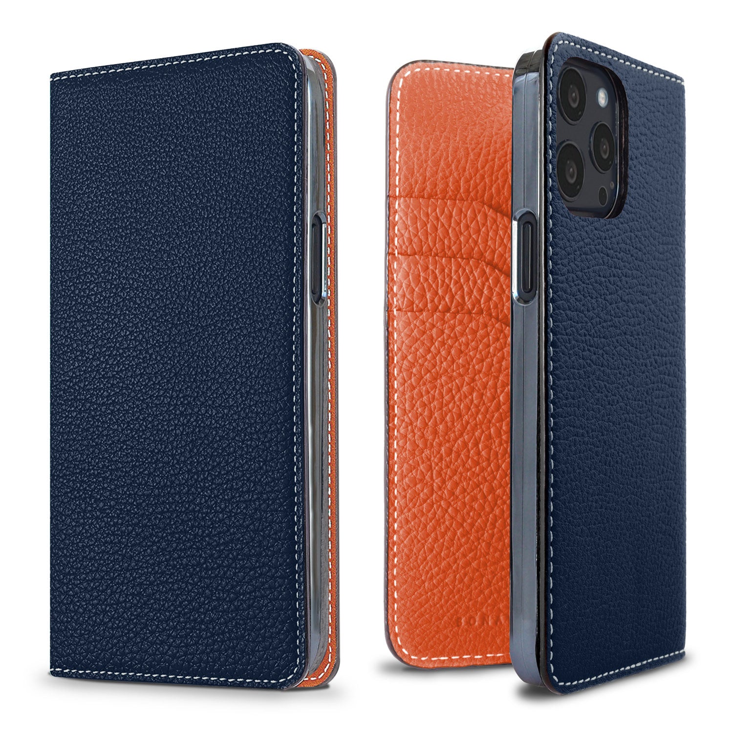 iPhone 13 Pro Diary Case Shrink Leather (Navy × Orange)