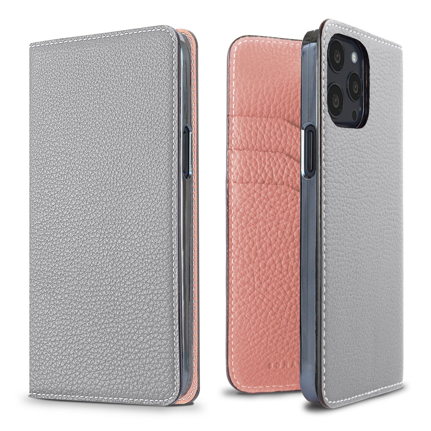 iPhone 13 Pro Diary Case Shrink Leather (True Gray × Coral Pink)