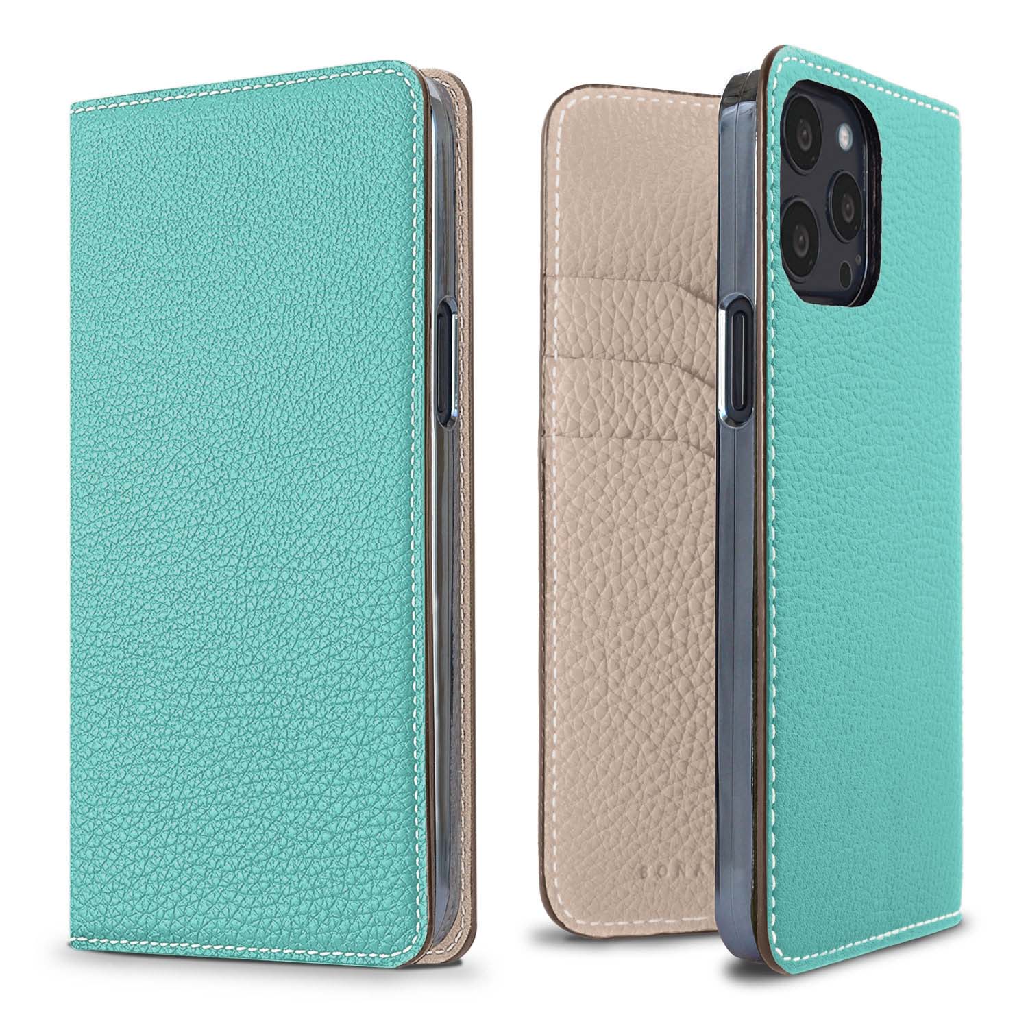 iPhone 13 Pro Diary Case Shrink Leather (Atoll Blue × Greige (Etoupe edge paint))