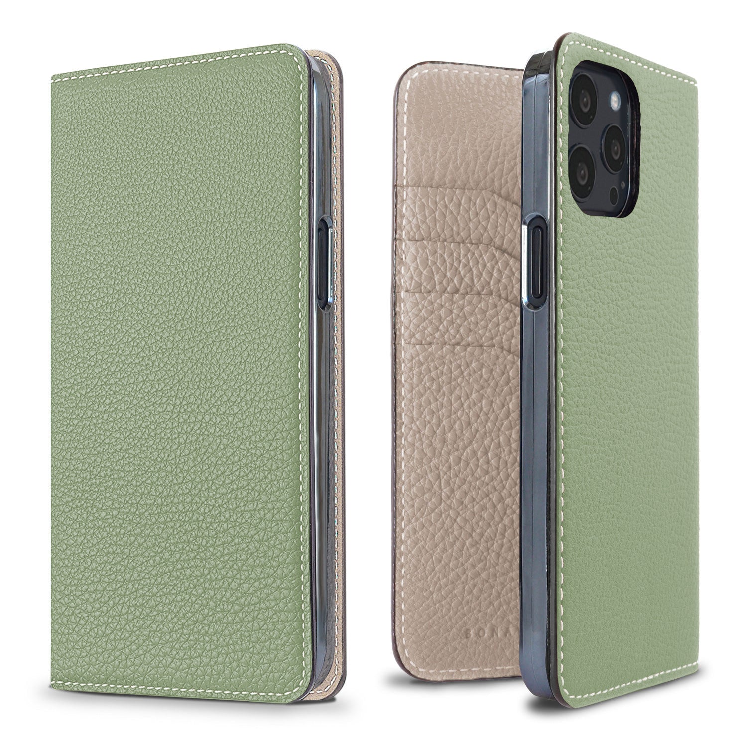 iPhone 13 Pro Max Diary Case Shrink Leather (Atmos Green × Greige)