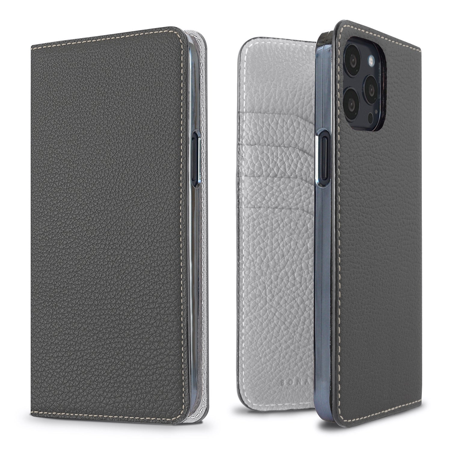 iPhone 13 Pro Max Diary Case Shrink Leather (Charcoal Gray × True Gray)