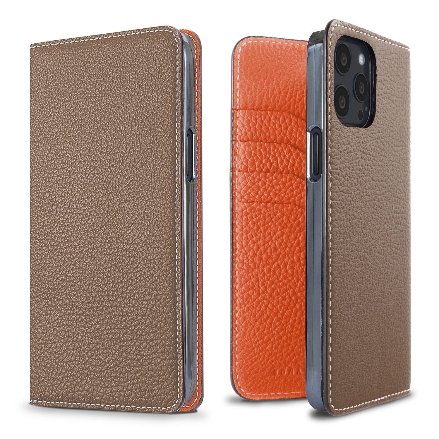 iPhone 13 Pro Max Diary Case Shrink Leather (Etoupe × Orange)