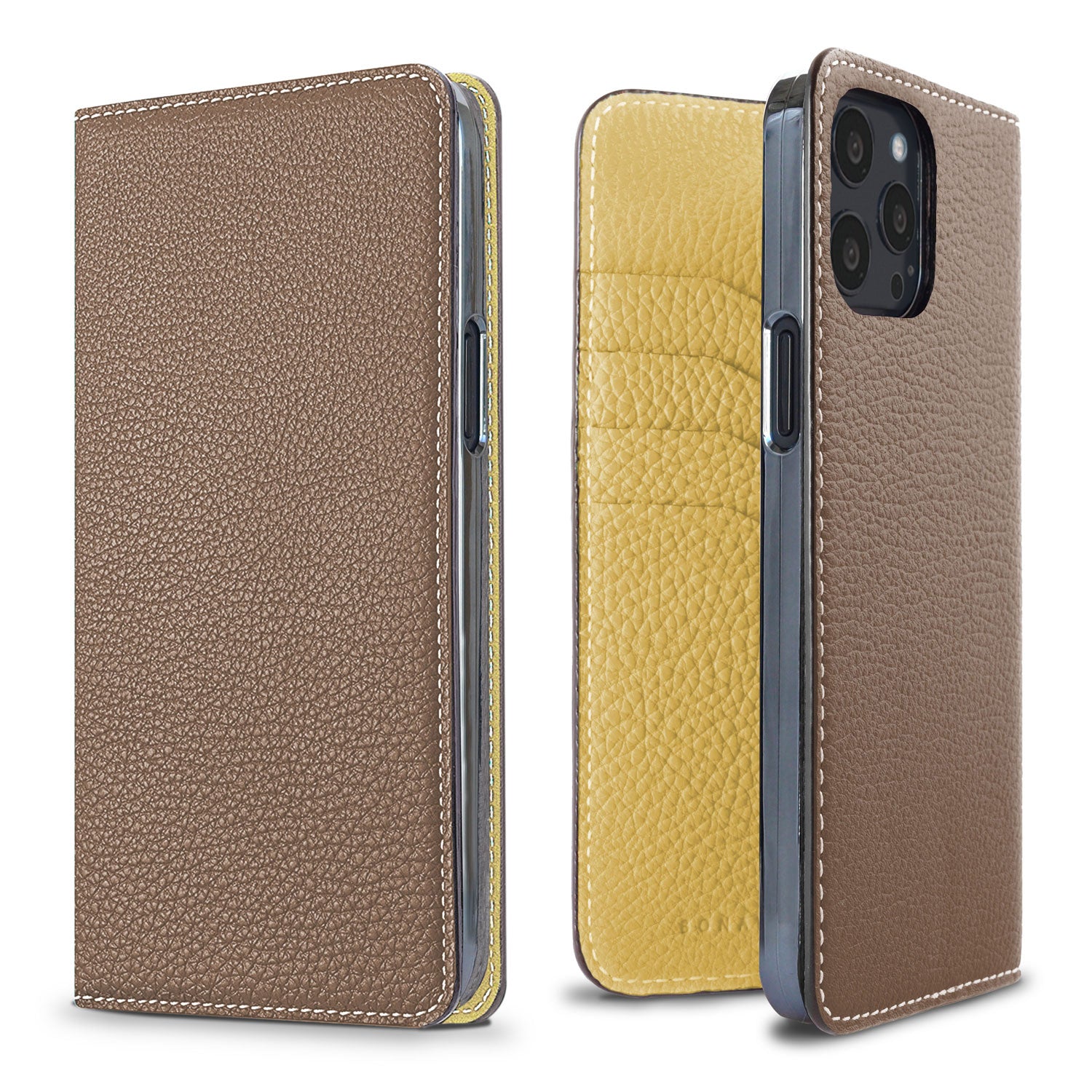 iPhone 13 Pro Max Diary Case Shrink Leather (Etoupe × Yellow)