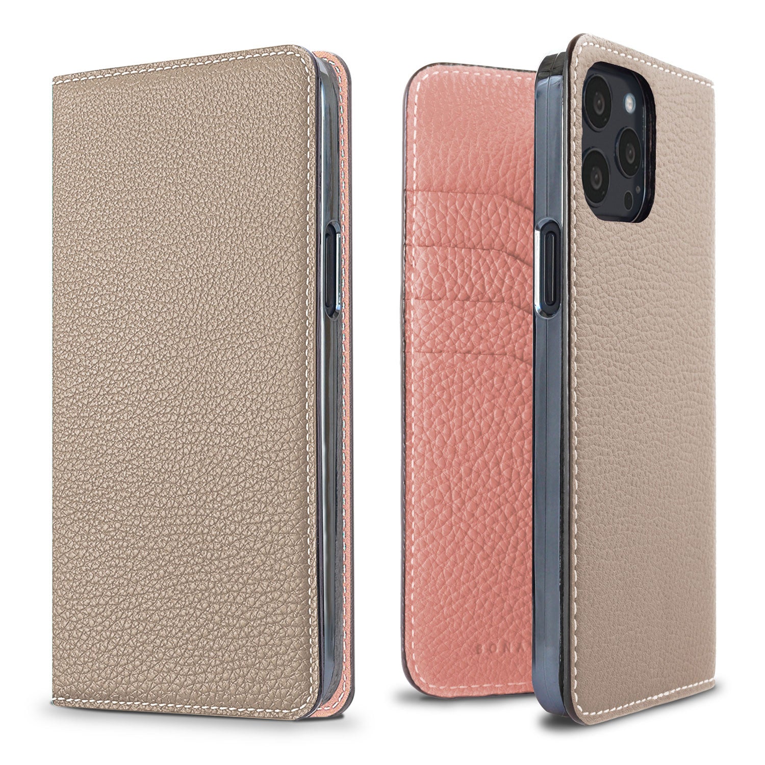 iPhone 13 Pro Max Diary Case Shrink Leather (Greige × Coral Pink)