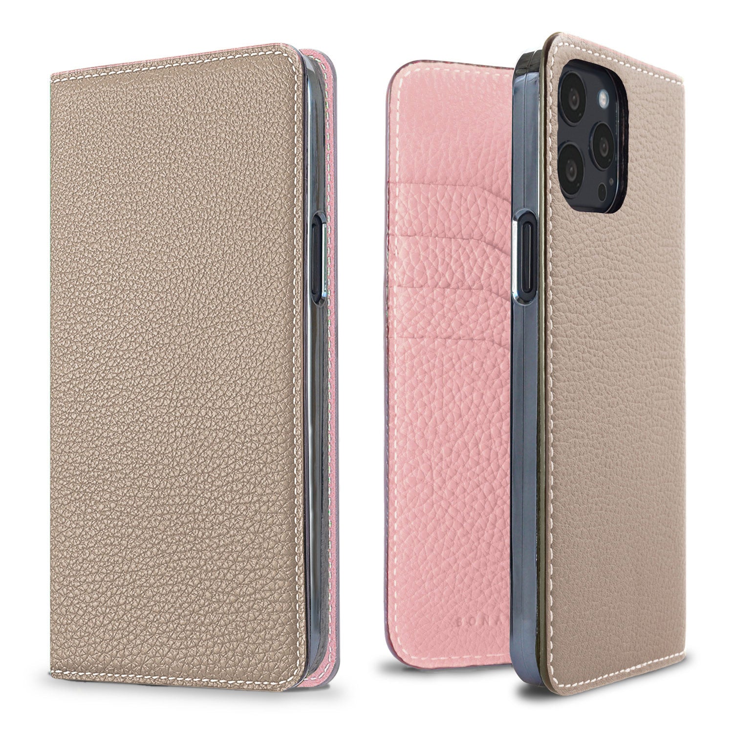 iPhone 13 Pro Max Diary Case Shrink Leather (Greige × Sakura Pink)