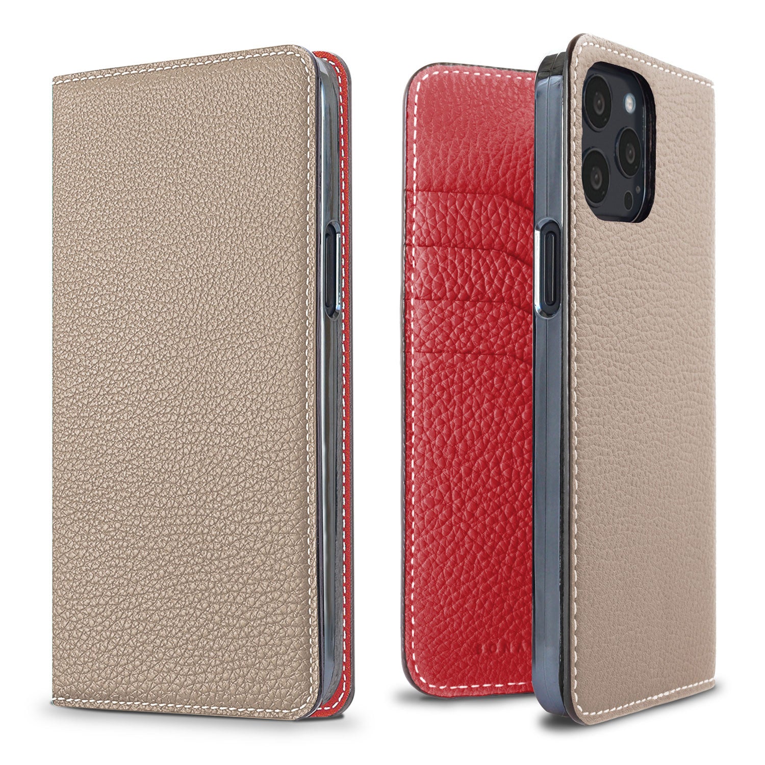 iPhone 13 Pro Max Diary Case Shrink Leather (Greige × Red)