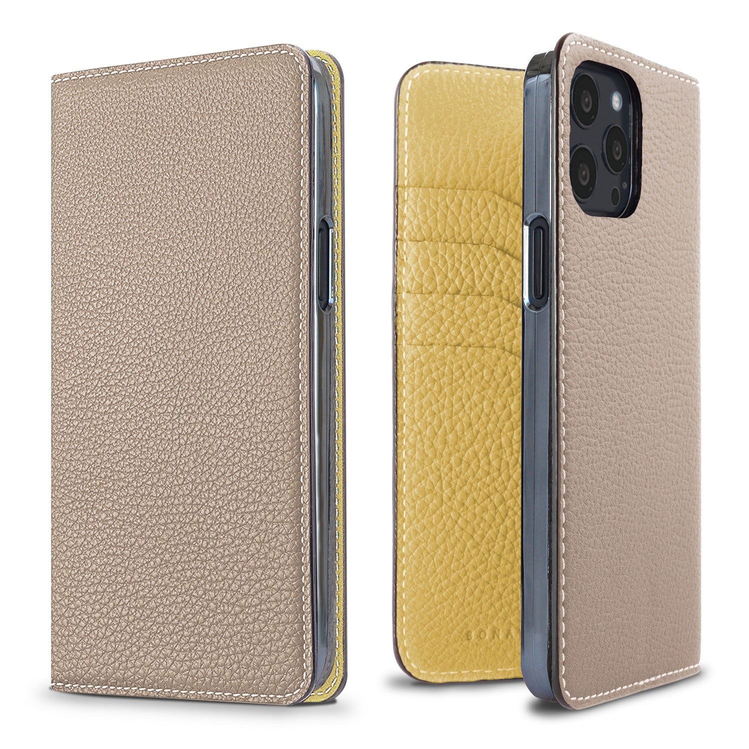 iPhone 13 Pro Max Diary Case Shrink Leather (Greige × Yellow)