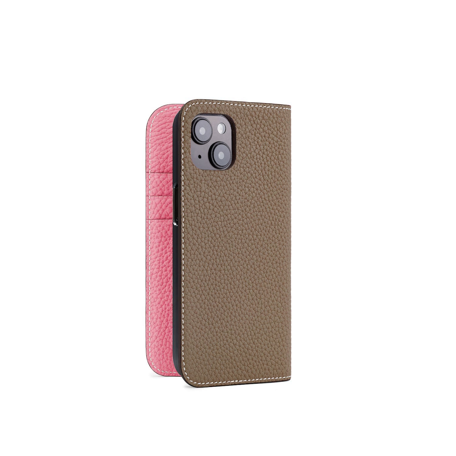 iPhone 14 Diary Case Shrink Leather (Etoupe × Azalee Pink)