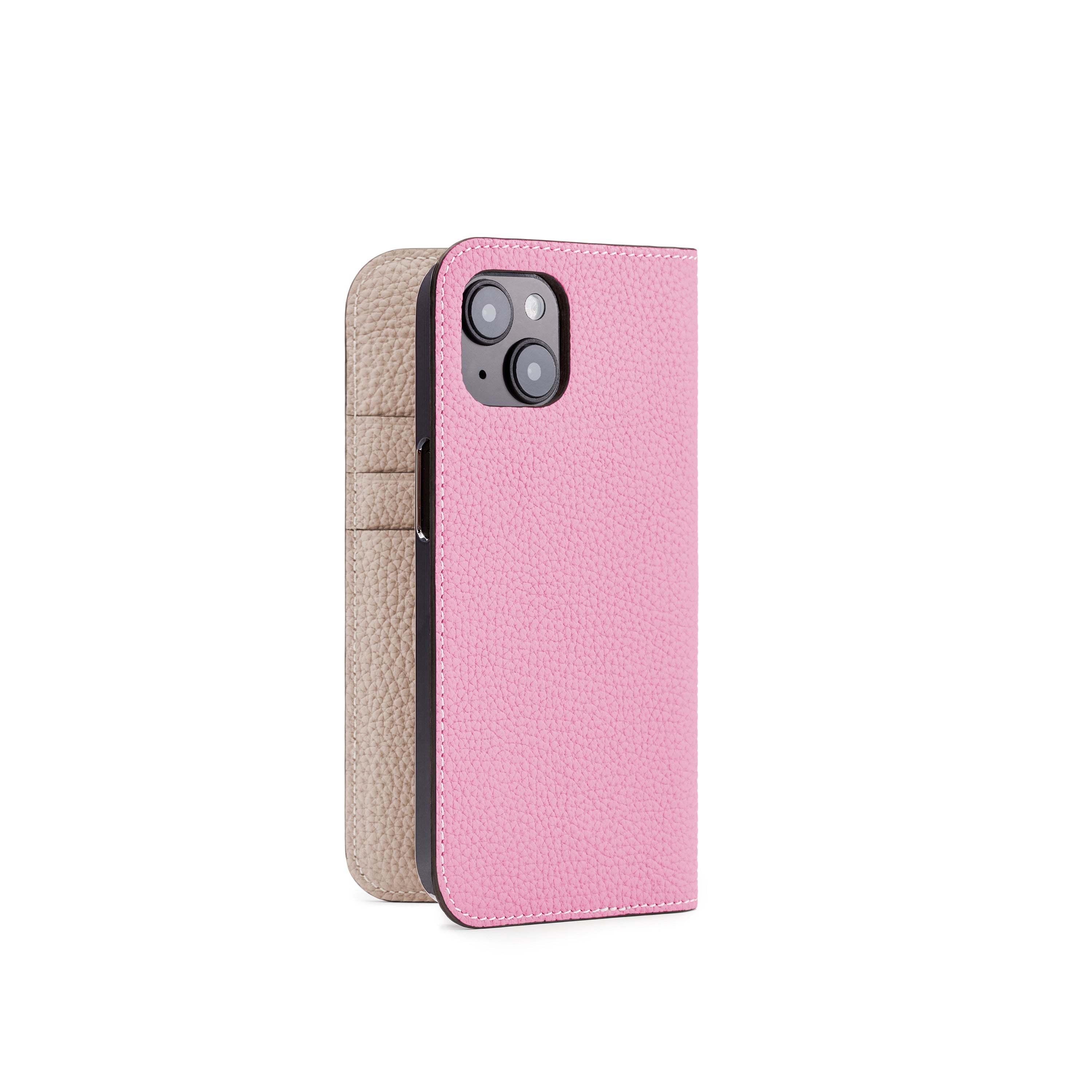 iPhone 14 Diary Case Shrink Leather (Taffy Pink × Greige)
