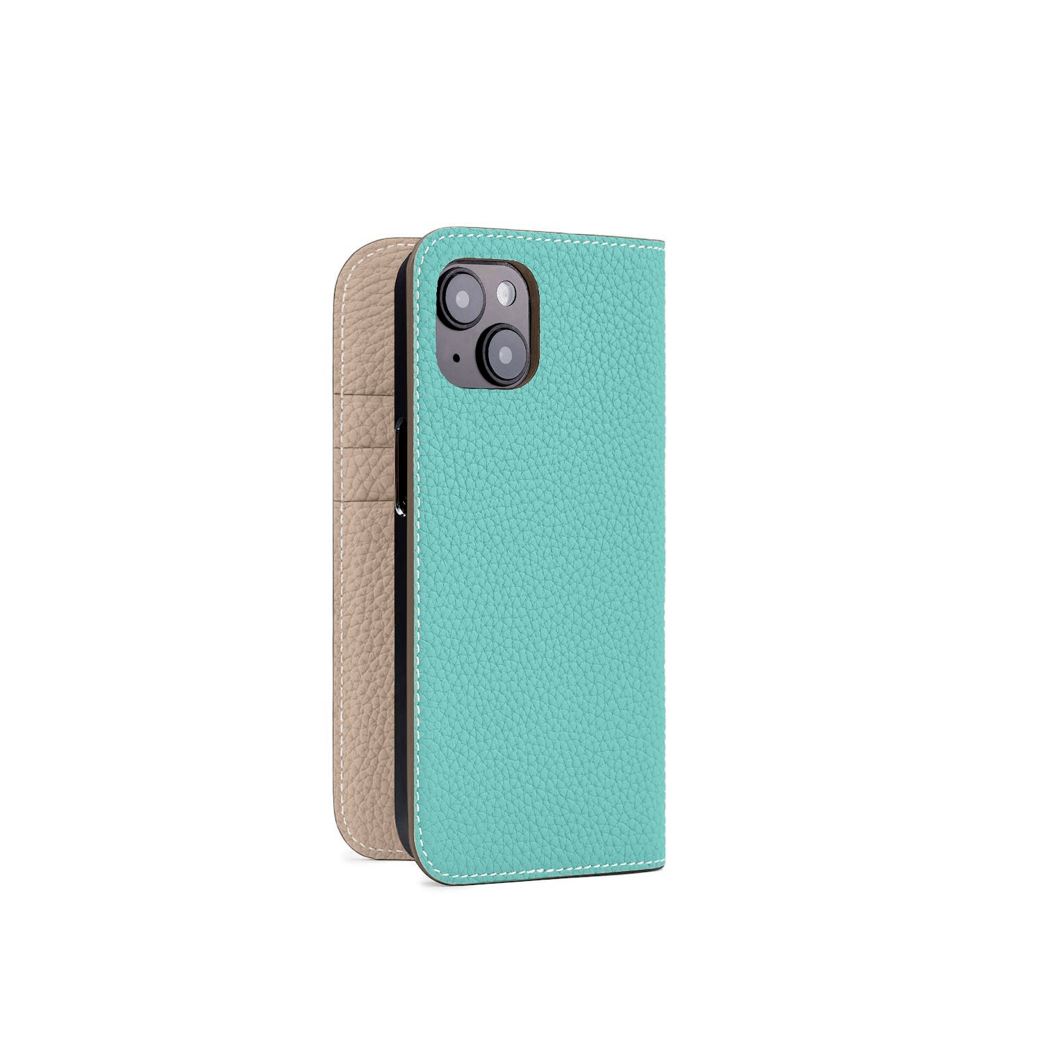 iPhone 14 Diary Case Shrink Leather (Atoll Blue × Greige (Etoupe edge paint))