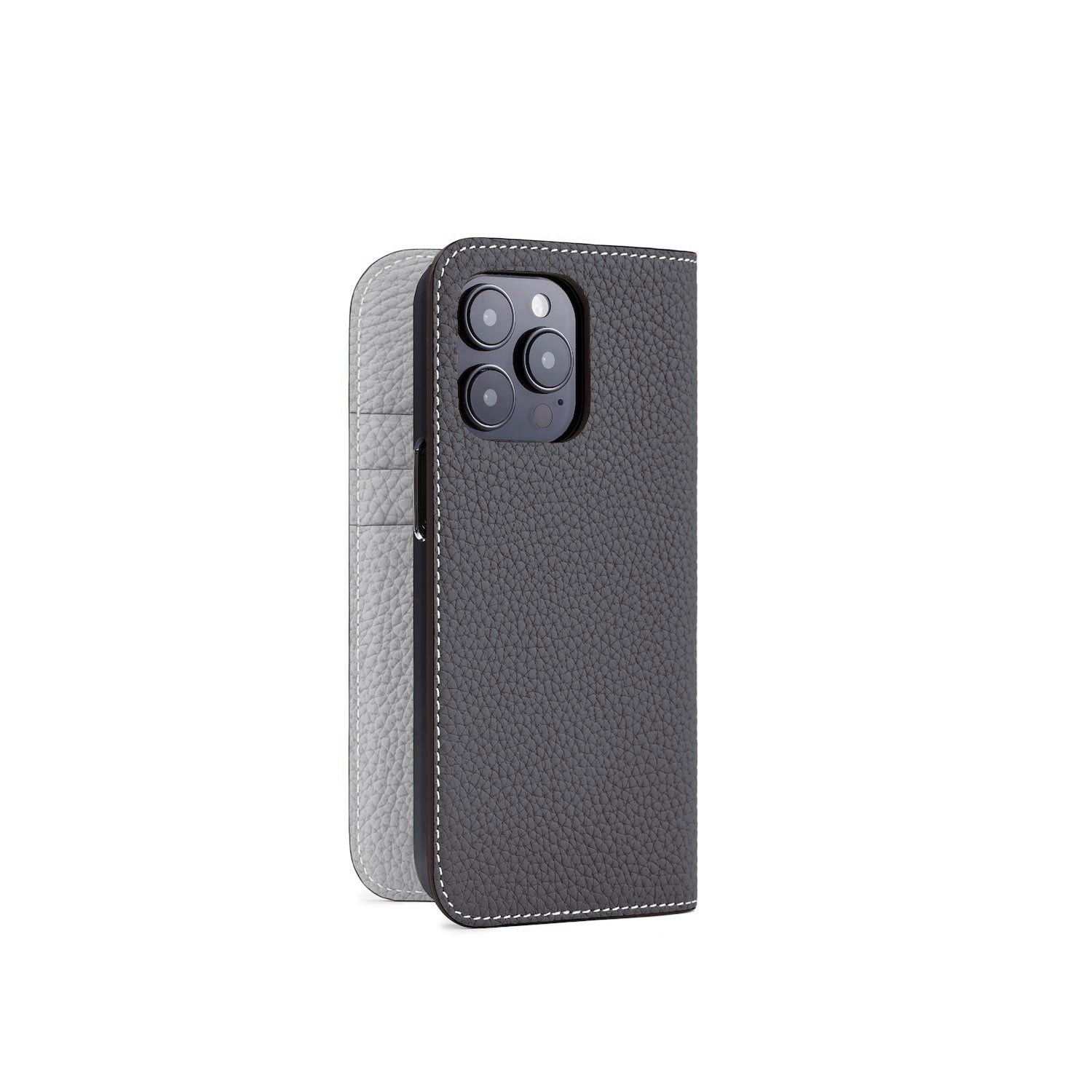iPhone 14 Pro Diary Case Shrink Leather (Charcoal Gray × True Gray)