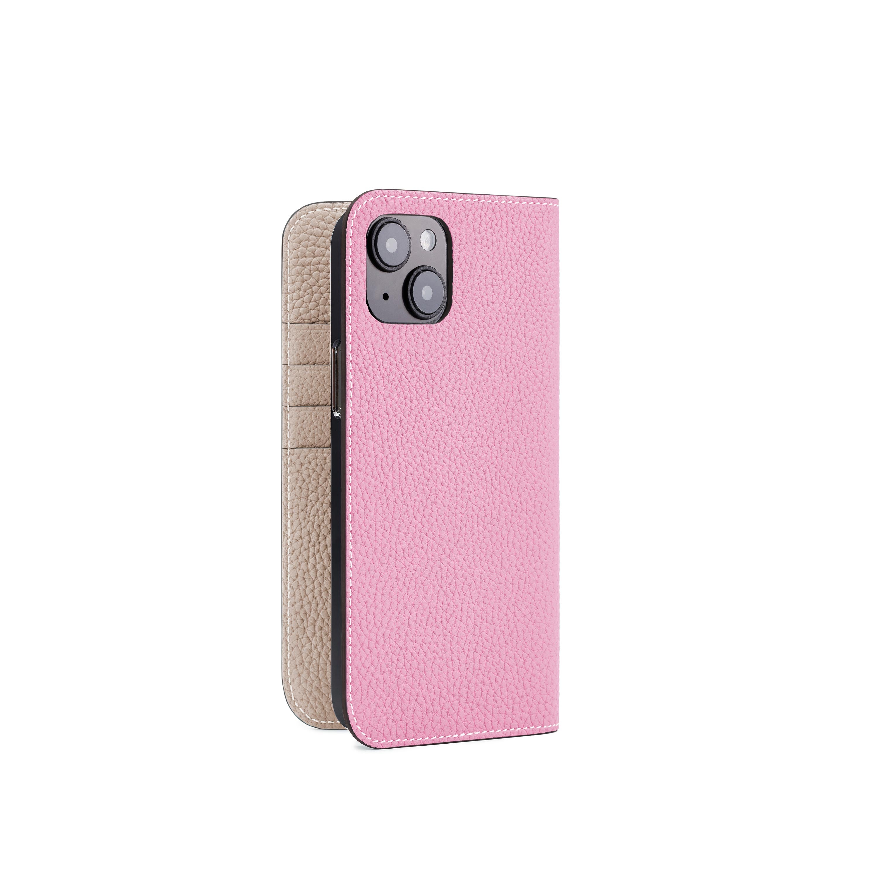 iPhone 14 Plus Diary Case Shrink Leather (Taffy Pink × Greige)