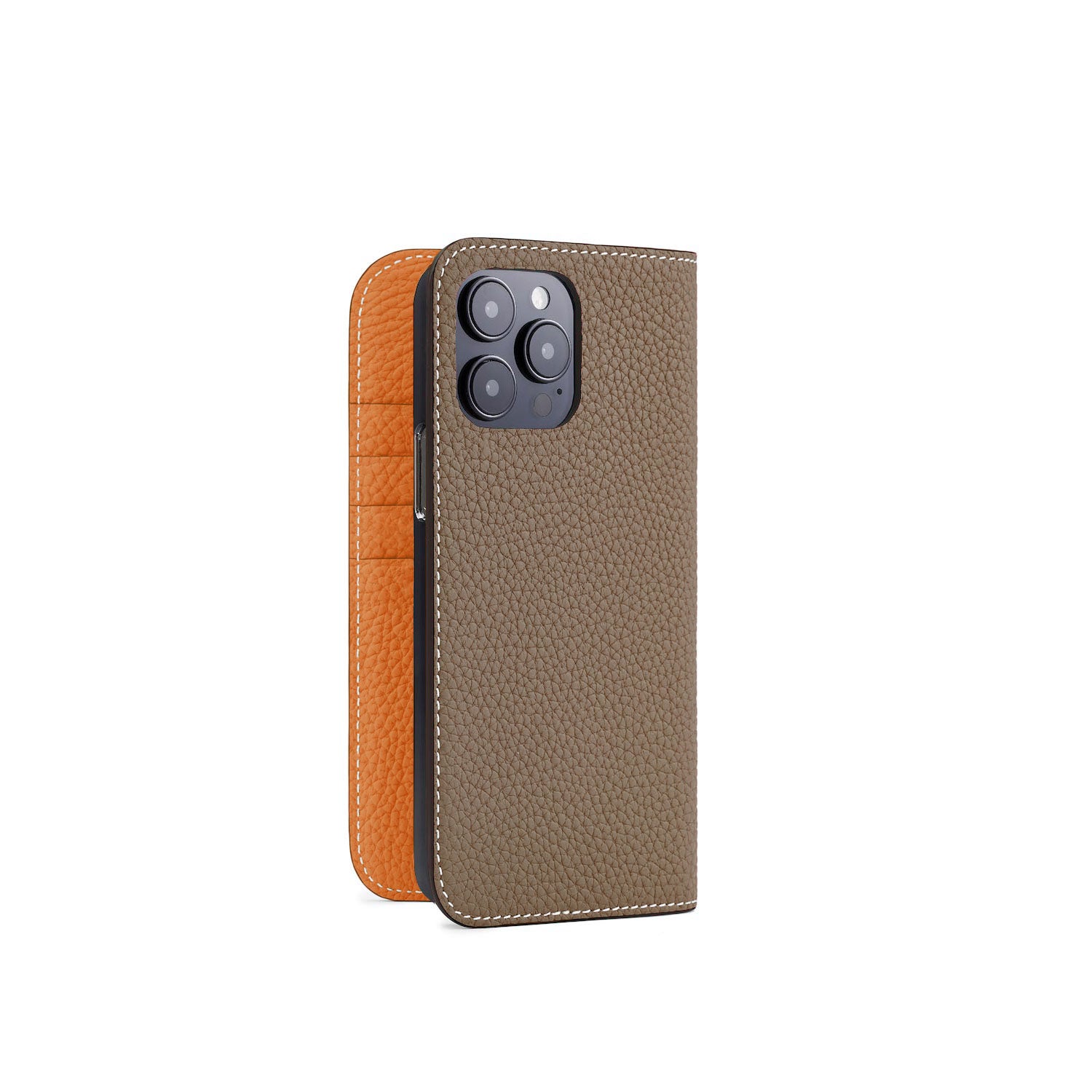 iPhone 14 Pro Max Diary Case Shrink Leather (Etoupe × Orange)