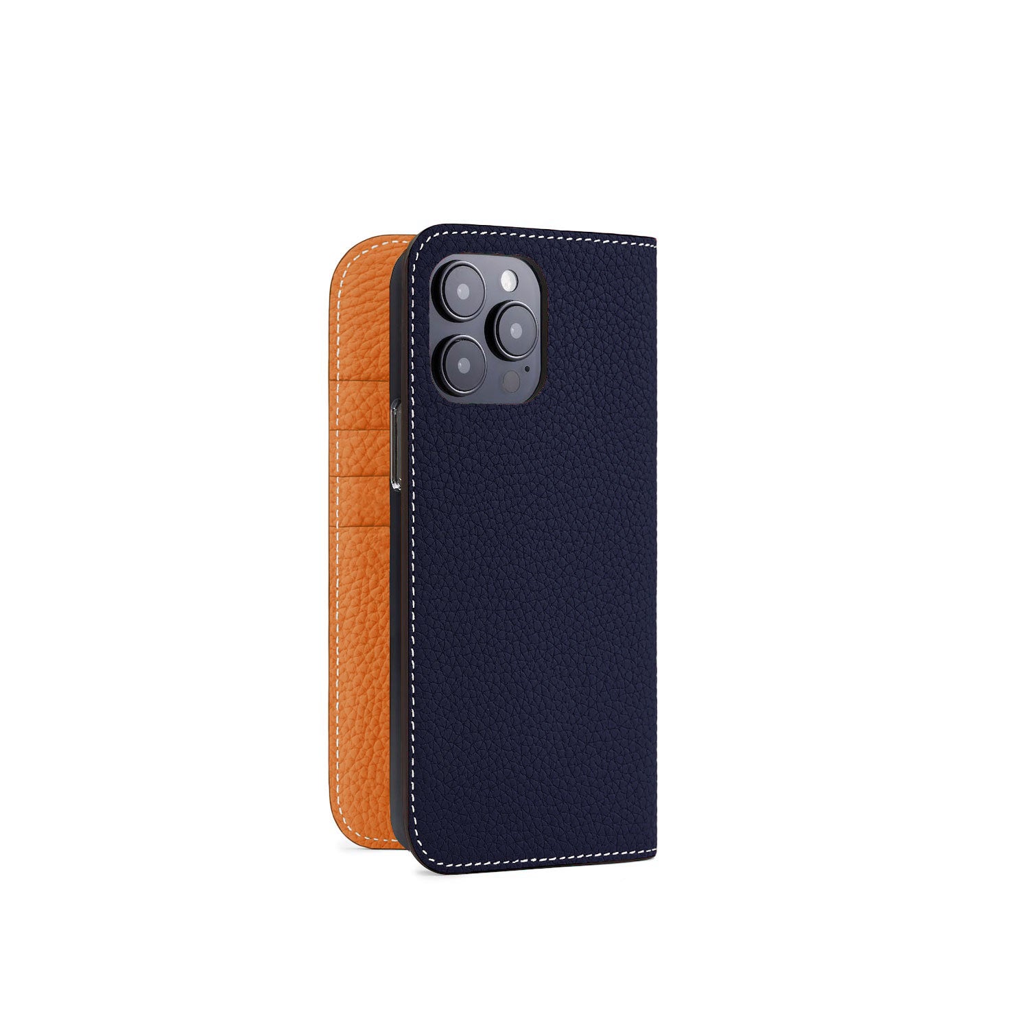 iPhone 14 Pro Max Diary Case Shrink Leather (Navy × Orange)