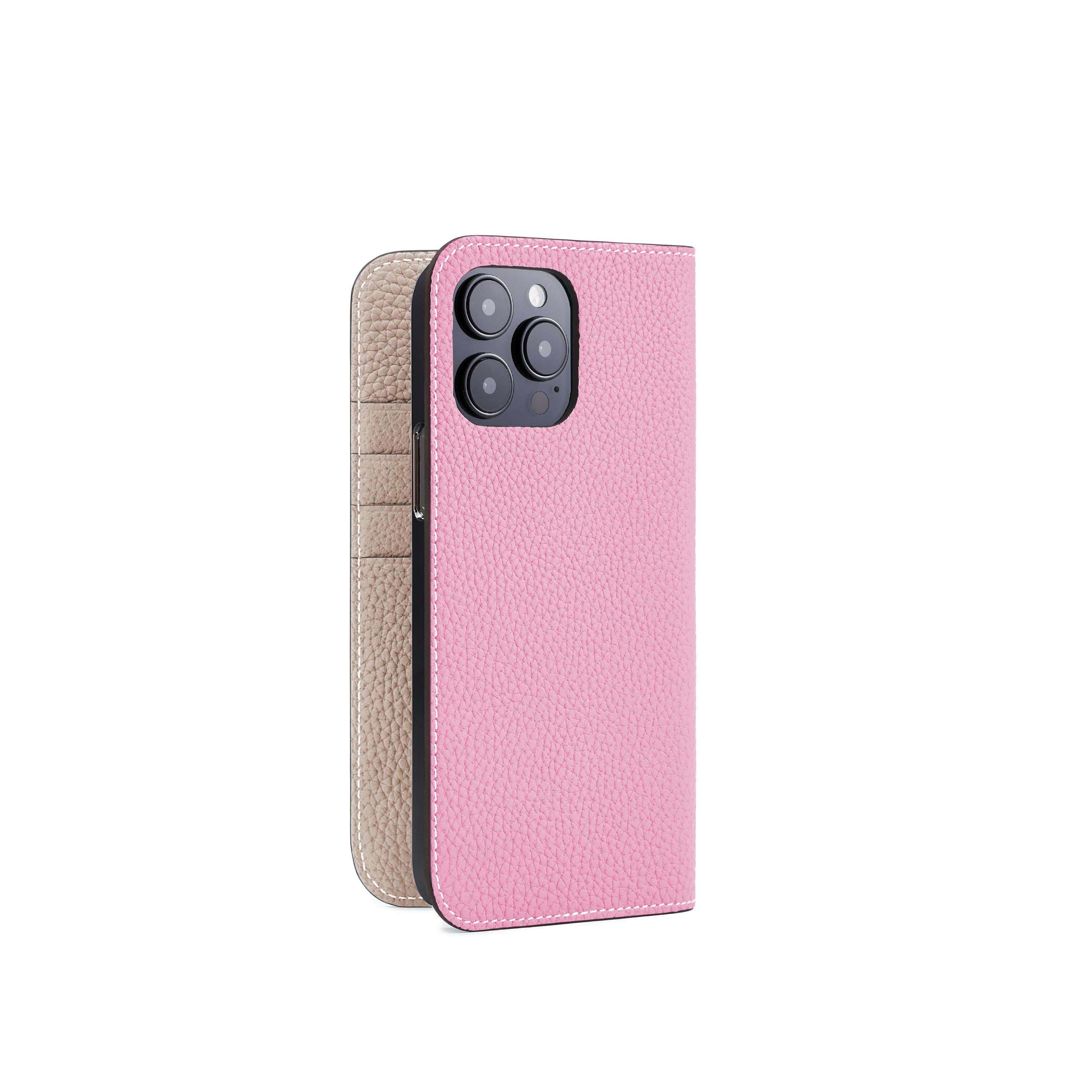 iPhone 14 Pro Max Diary Case Shrink Leather (Taffy Pink × Greige)