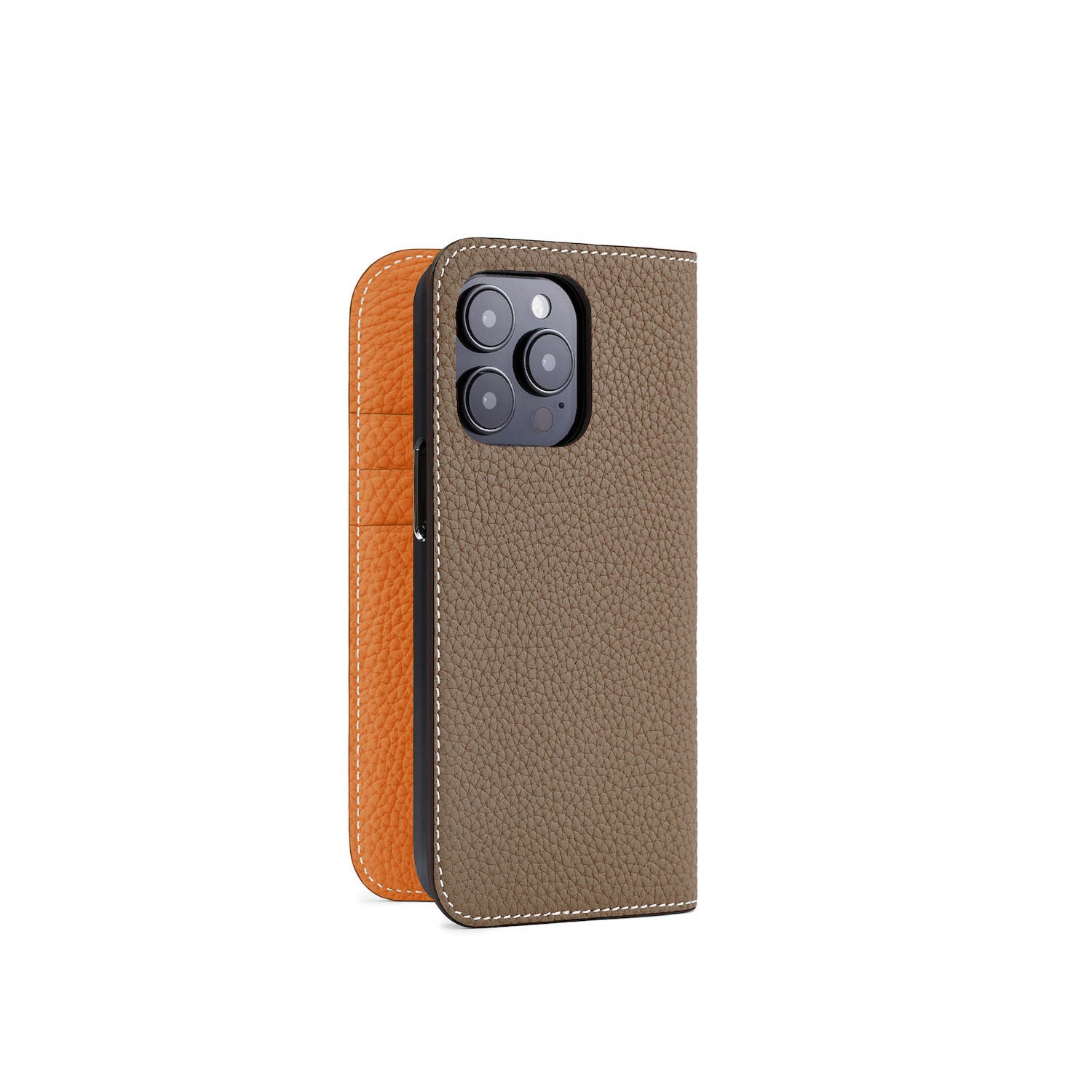 iPhone 15 Pro Diary Case Shrink Leather (Etoupe × Orange)