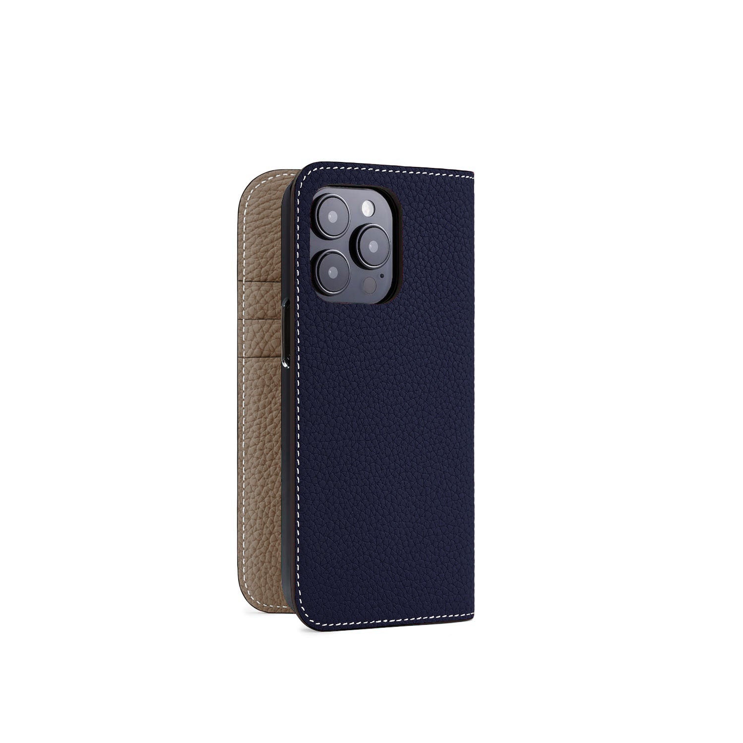 iPhone 15 Pro Diary Case Shrink Leather (Navy × Etoupe)