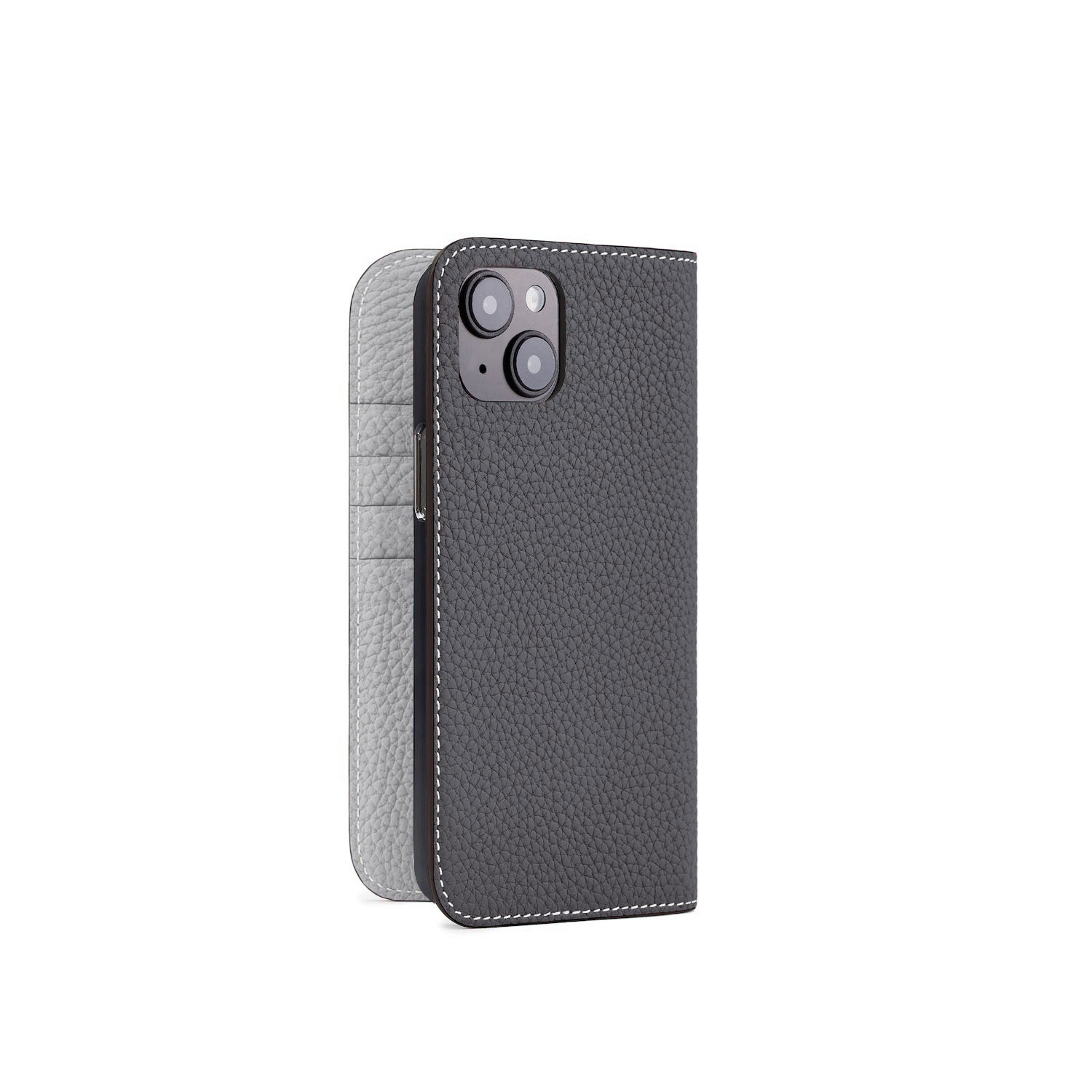 iPhone 15 Plus Diary Case Shrink Leather (Charcoal Gray × True Gray)