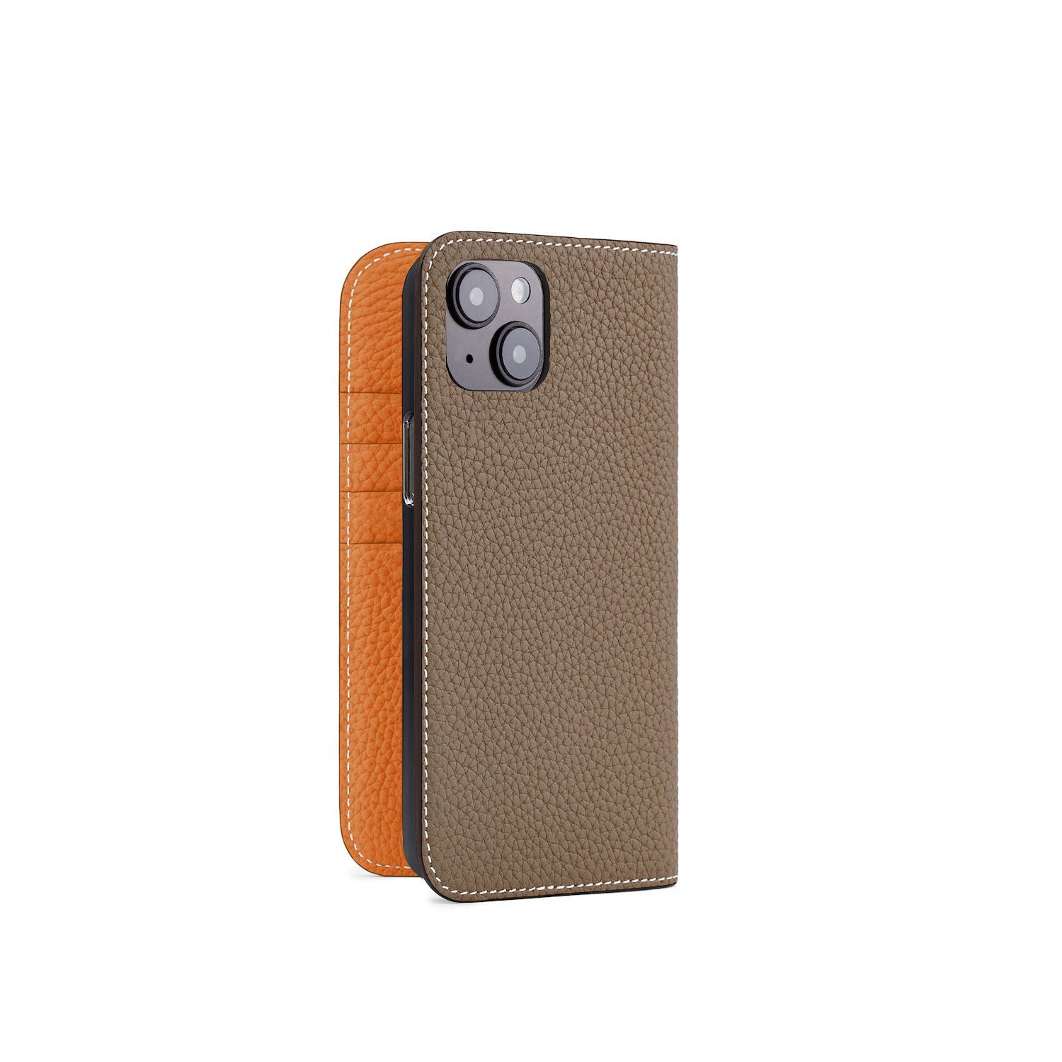iPhone 15 Plus Diary Case Shrink Leather (Etoupe × Orange)