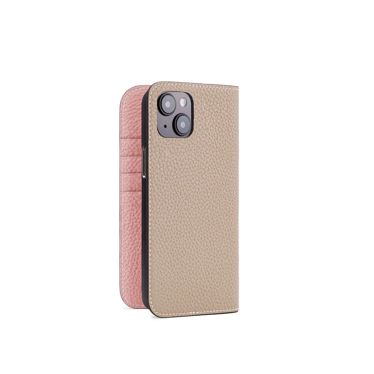 iPhone 15 Plus Diary Case Shrink Leather (Greige × Coral Pink)