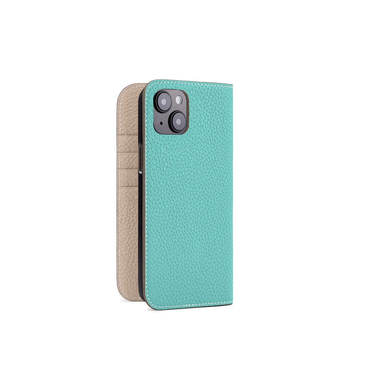 iPhone 15 Plus Diary Case Shrink Leather (Atoll Blue × Greige (Etoupe edge paint))