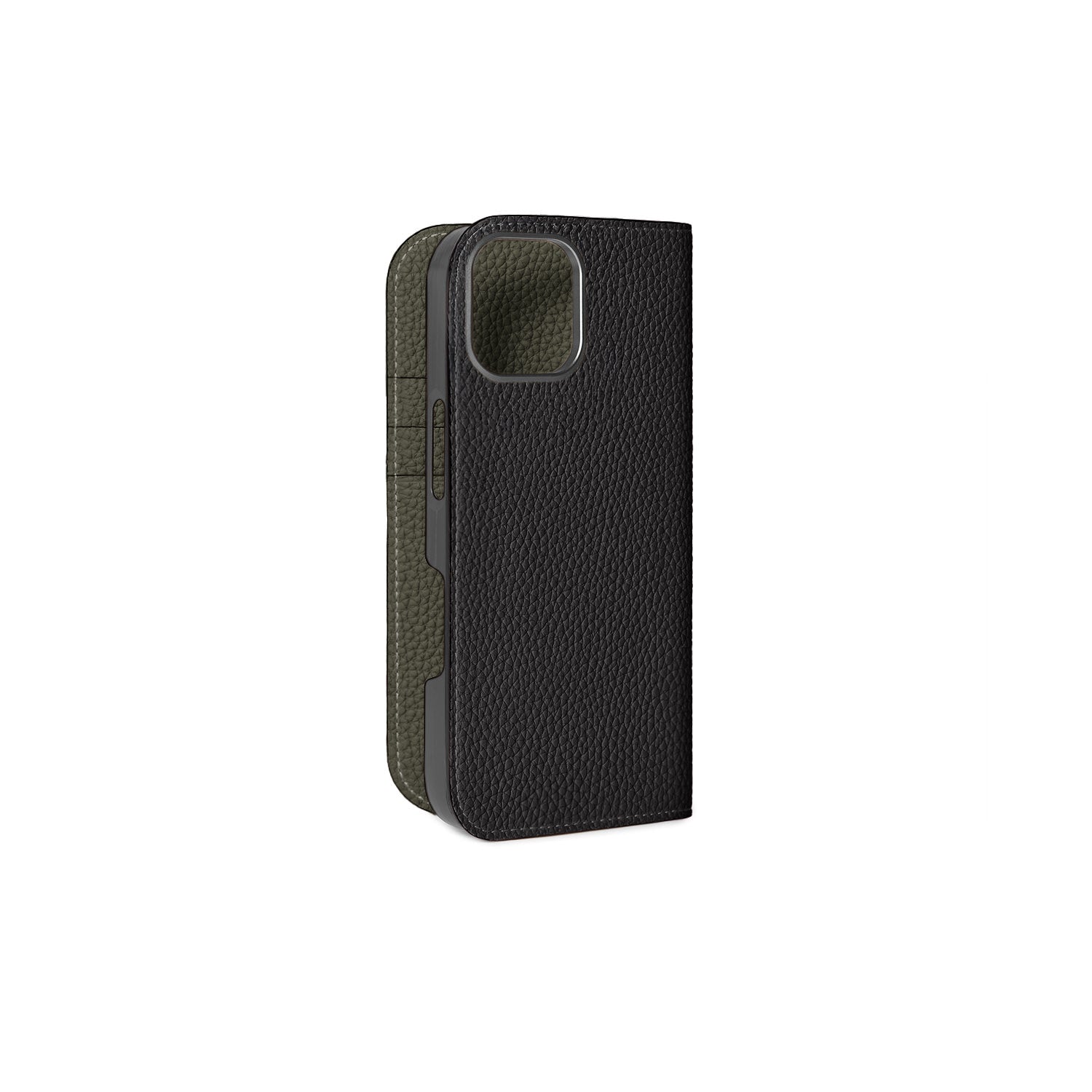 iPhone 16 Diary Case Shrink Leather (Black × Olive)