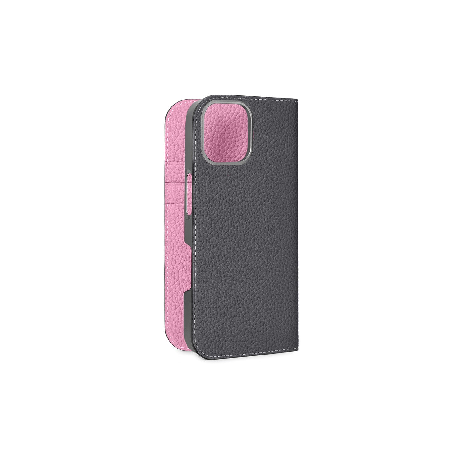 iPhone 16 Diary Case Shrink Leather (Charcoal Gray × Taffy Pink)