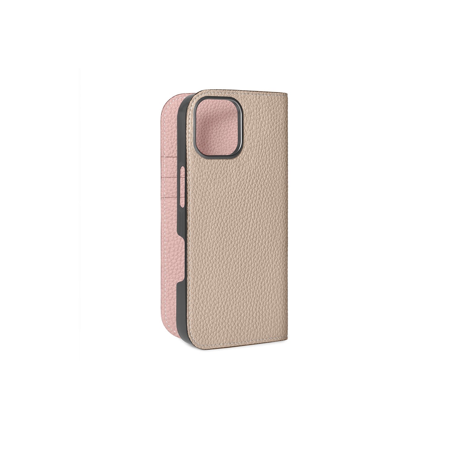 iPhone 16 Diary Case Shrink Leather (Greige × Sakura Pink)